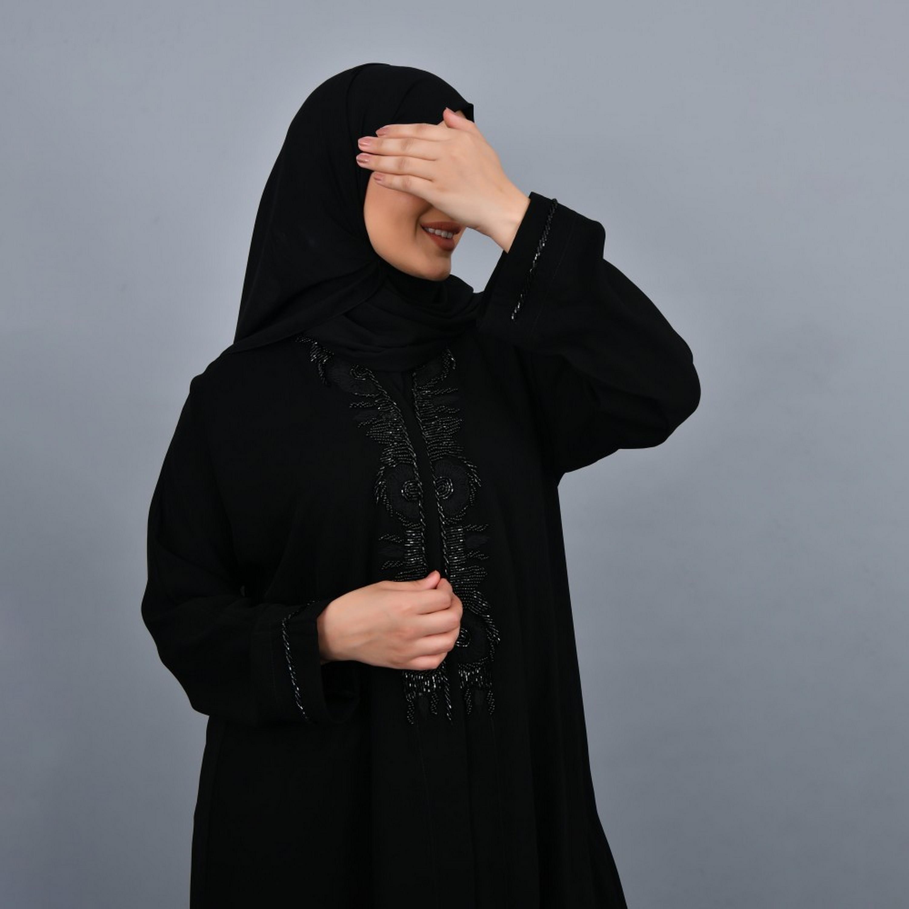 Lamha Black Beaded Crepe Women Abaya with Hijab-women-arabicclothing-abayas-image-2