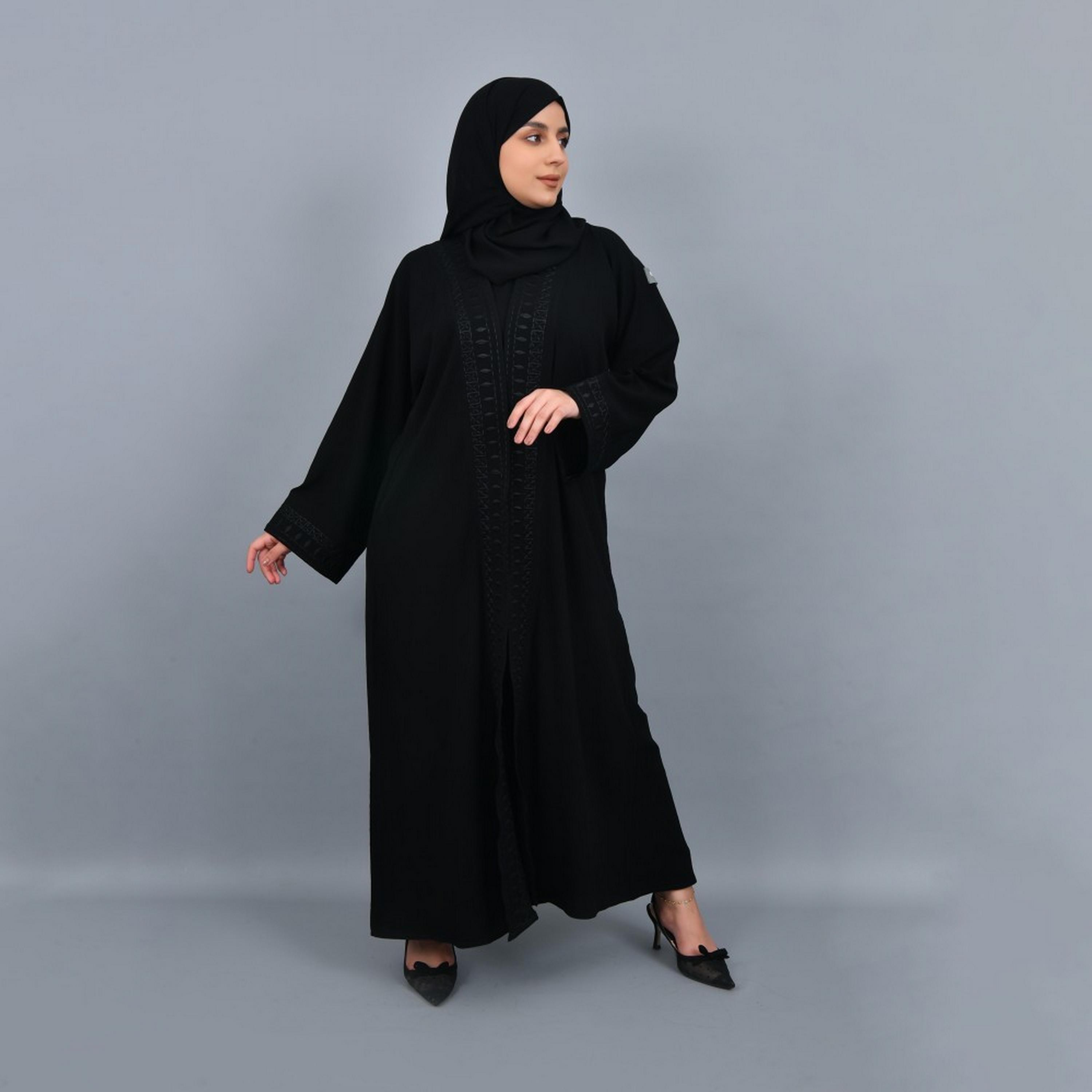 Lamha Black Embroidered Cuff Sleeves Crepe Women Abaya with Hijab-women-arabicclothing-abayas-image-1