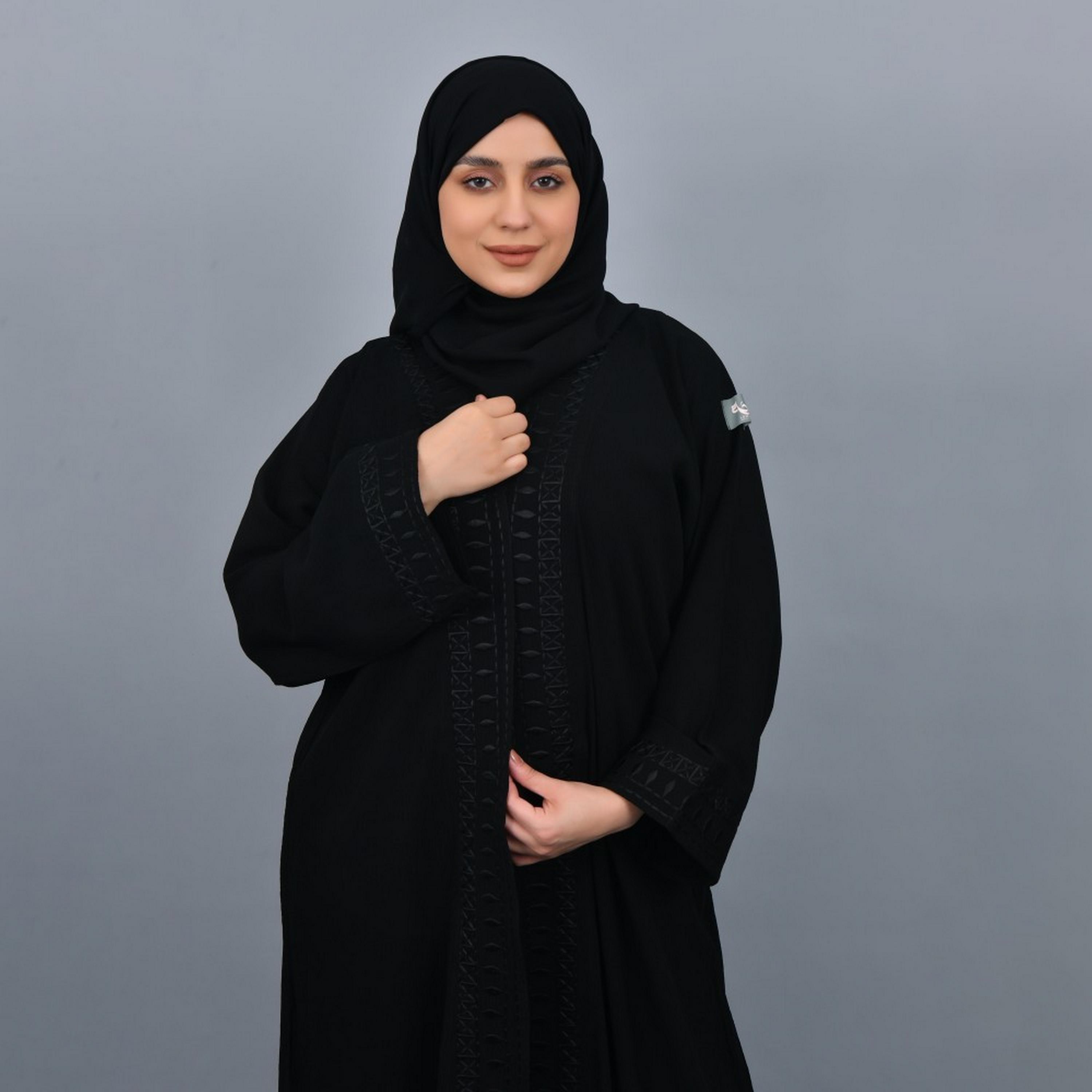 Lamha Black Embroidered Cuff Sleeves Crepe Women Abaya with Hijab-women-arabicclothing-abayas-image-2