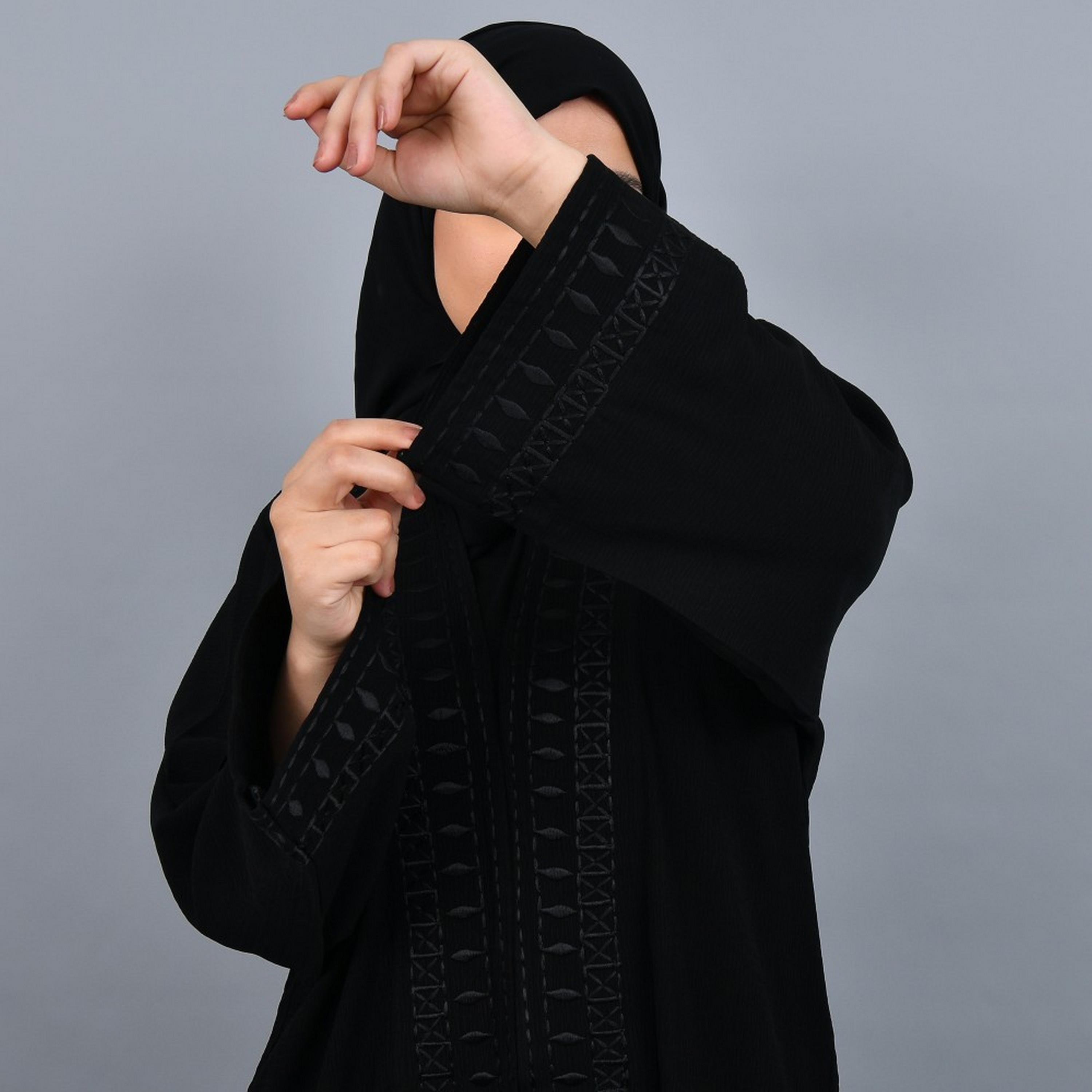 Lamha Black Embroidered Cuff Sleeves Crepe Women Abaya with Hijab-women-arabicclothing-abayas-image-3