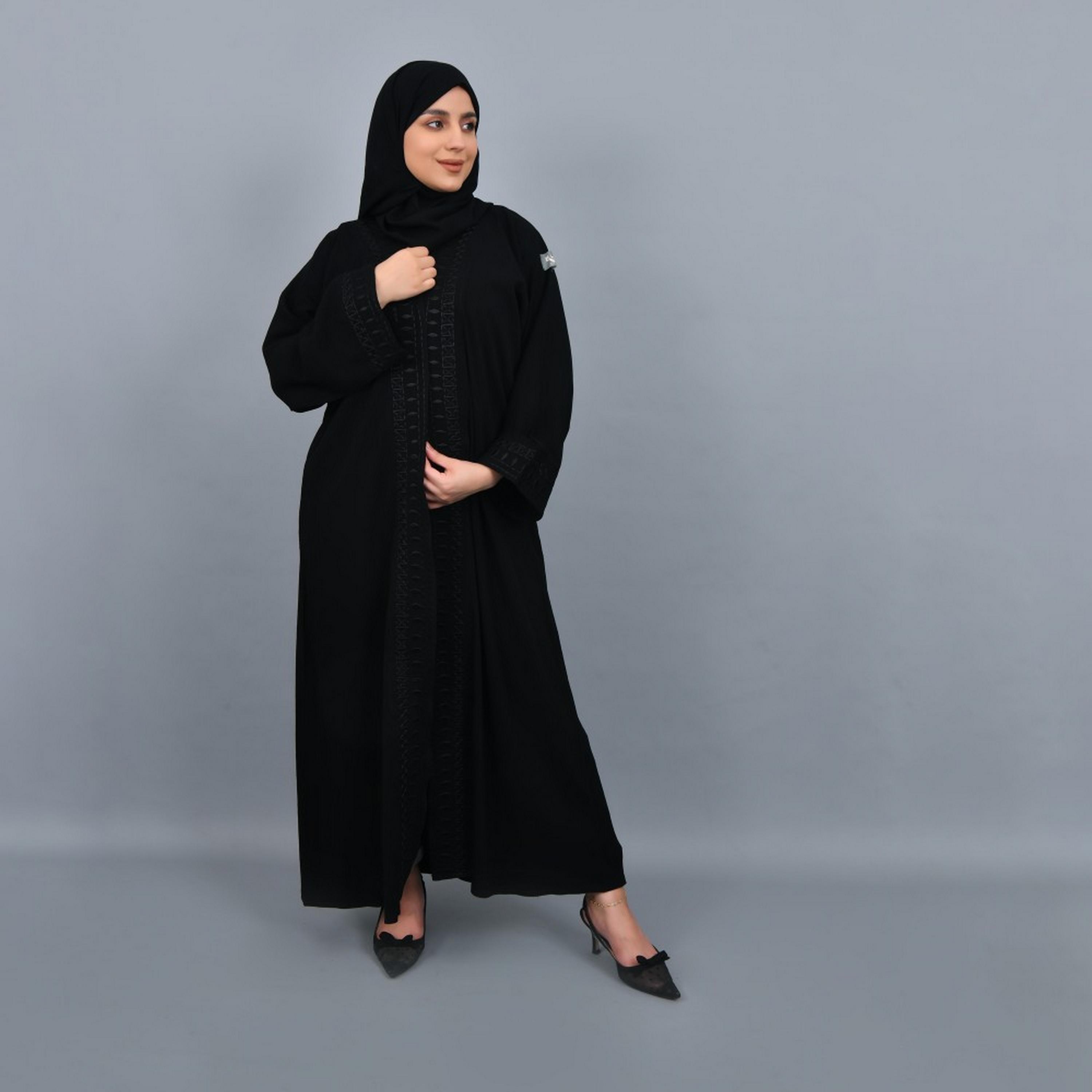 Lamha Black Embroidered Cuff Sleeves Crepe Women Abaya with Hijab-women-arabicclothing-abayas-image-4