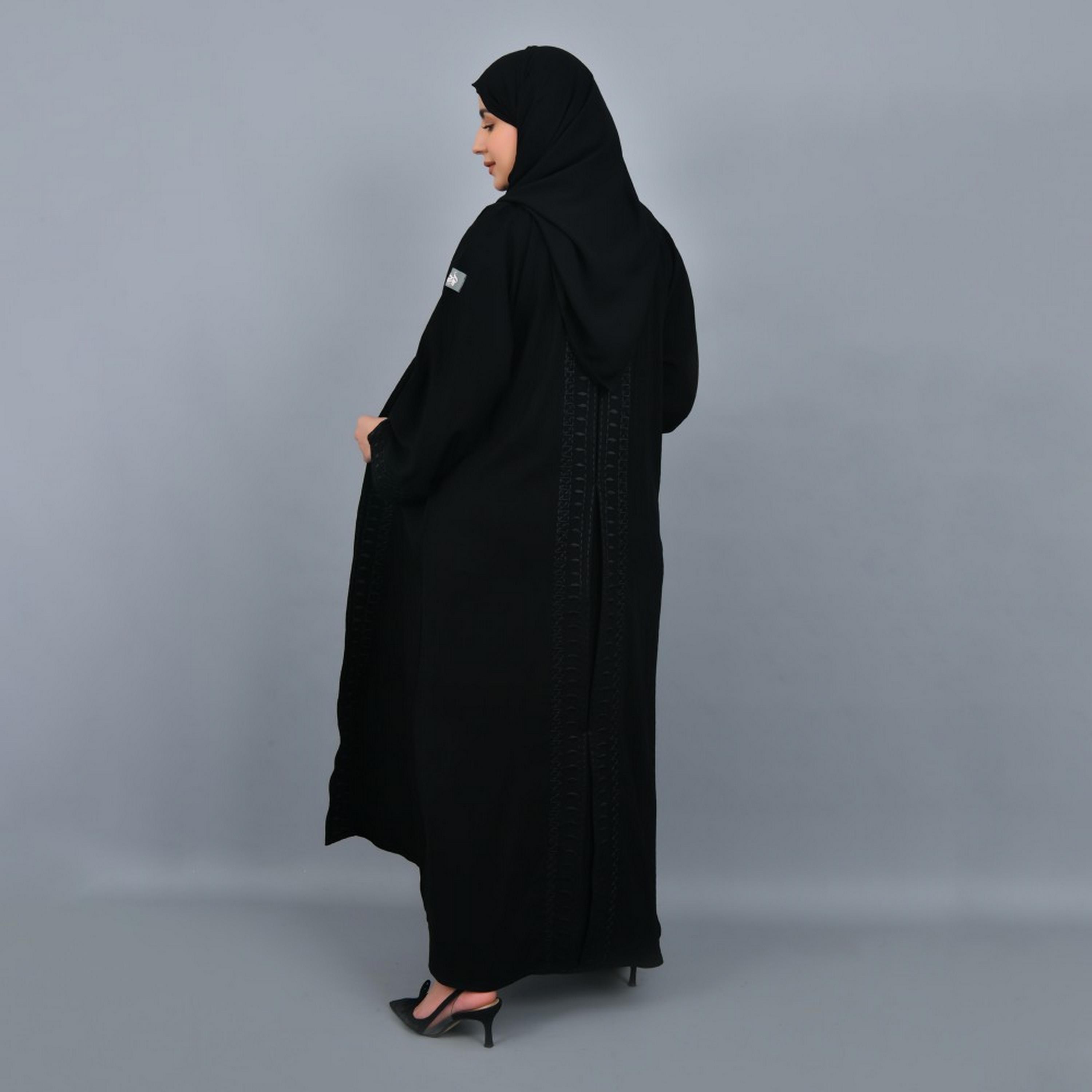 Lamha Black Embroidered Cuff Sleeves Crepe Women Abaya with Hijab-women-arabicclothing-abayas-image-5