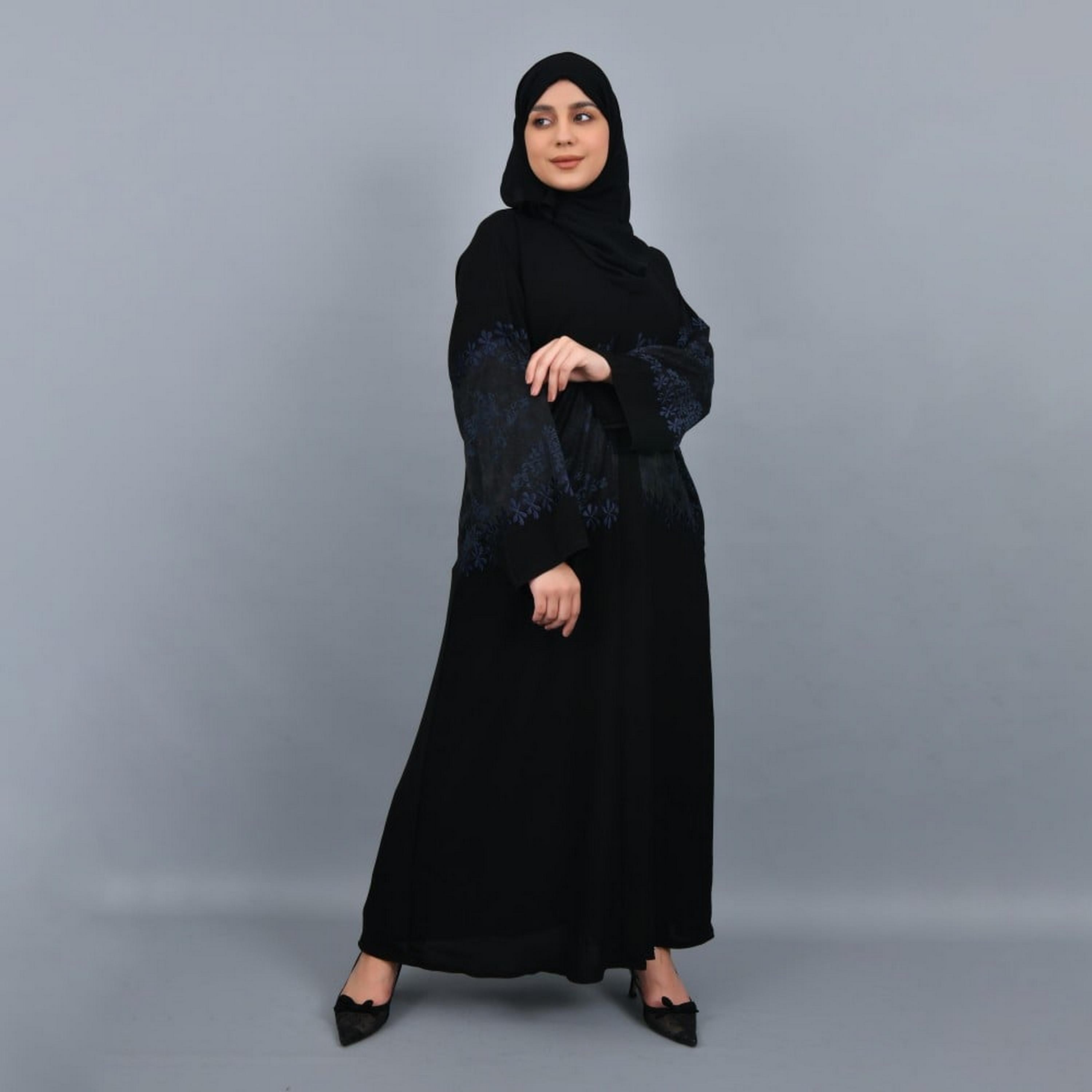 Lamha Black Embroidered Crepe Women Abaya with Hijab-women-arabicclothing-abayas-image-1