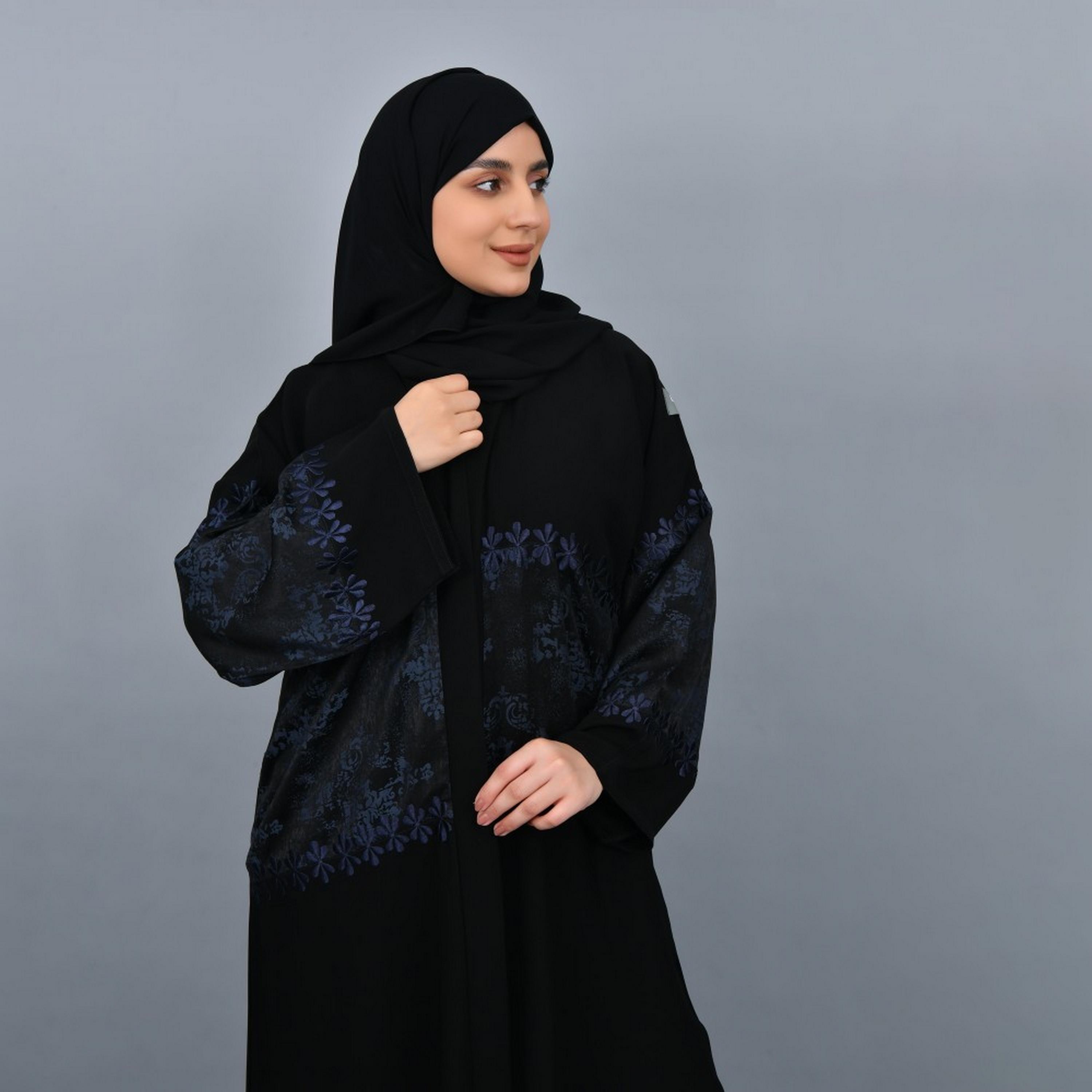 Lamha Black Embroidered Crepe Women Abaya with Hijab-women-arabicclothing-abayas-image-2