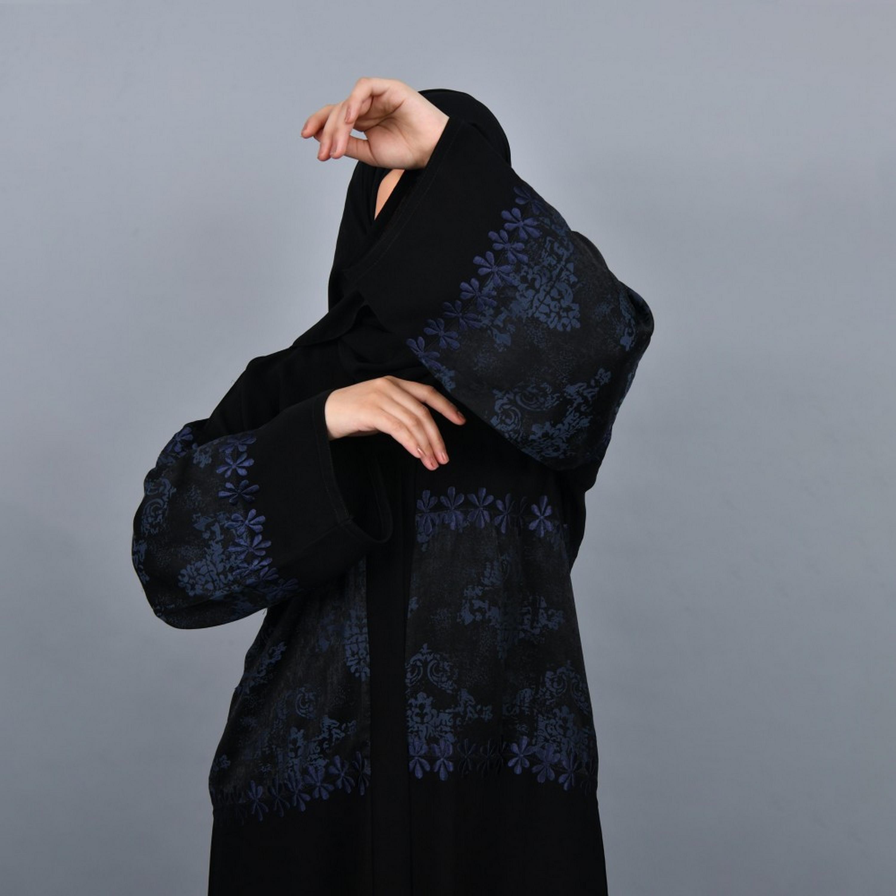 Lamha Black Embroidered Crepe Women Abaya with Hijab-women-arabicclothing-abayas-image-3
