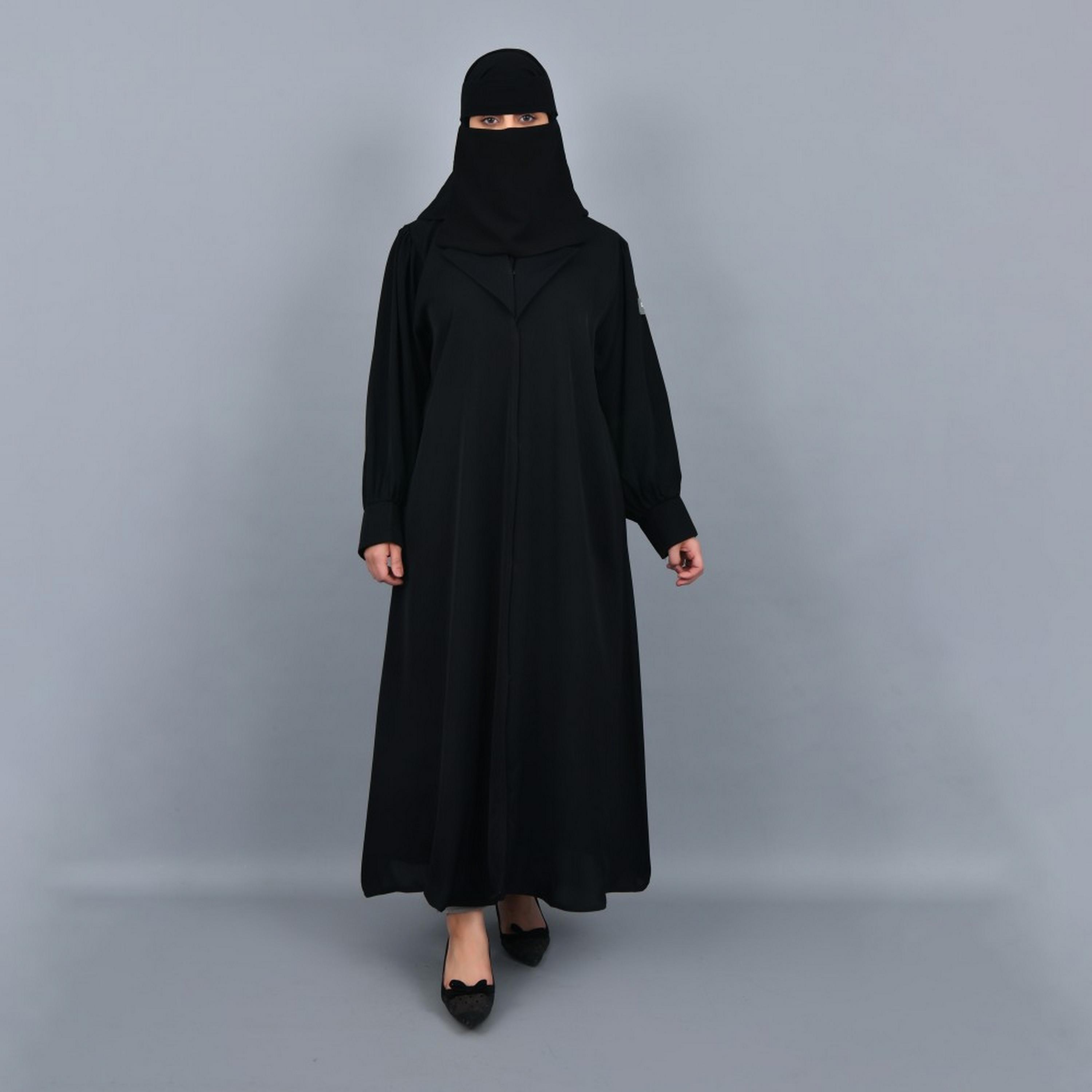 Lamha Black Gathered Sleeves Crepe Women Abaya with Hijab-women-arabicclothing-abayas-image-1