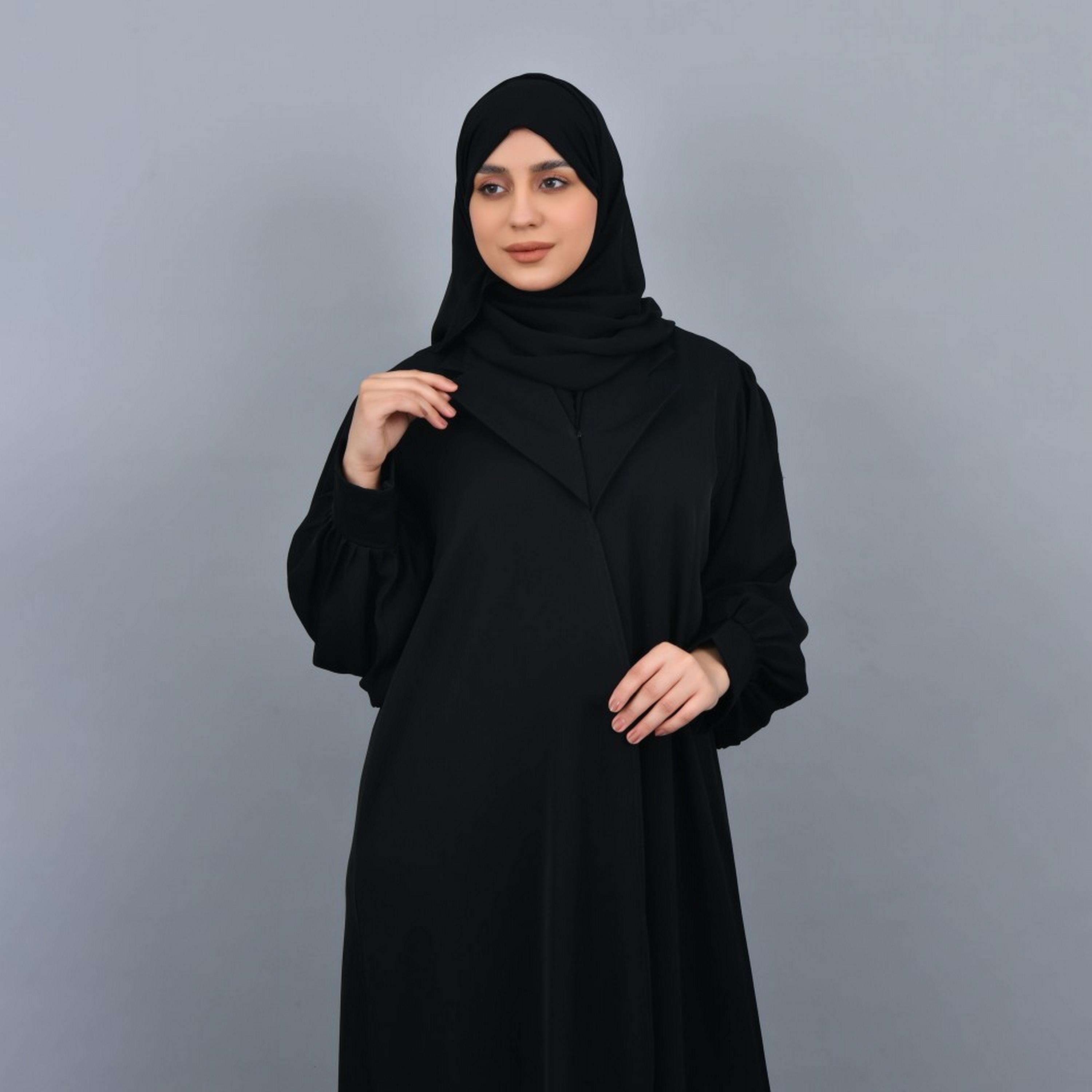 Lamha Black Gathered Sleeves Crepe Women Abaya with Hijab-women-arabicclothing-abayas-image-2