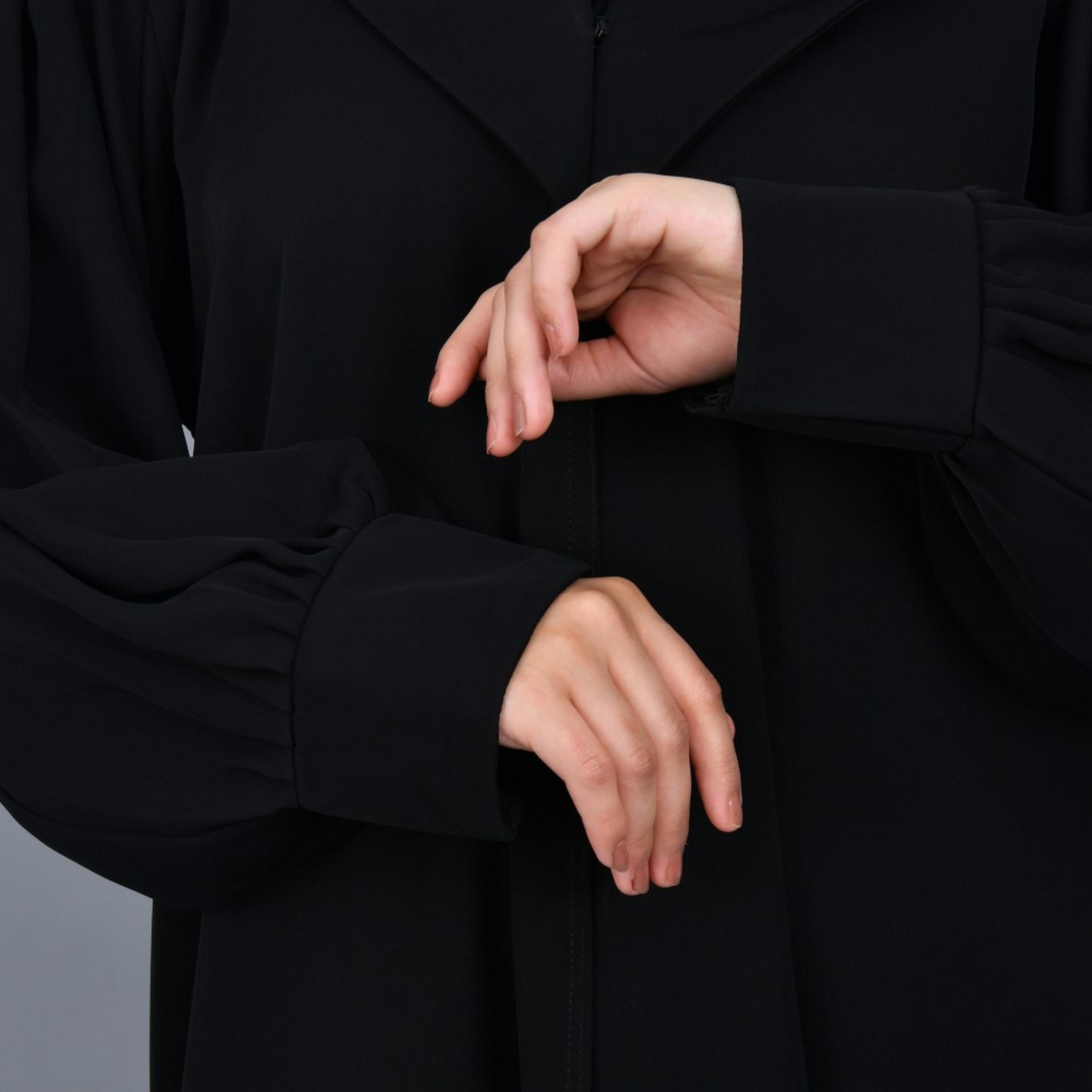 Lamha Black Gathered Sleeves Crepe Women Abaya with Hijab-women-arabicclothing-abayas-image-3