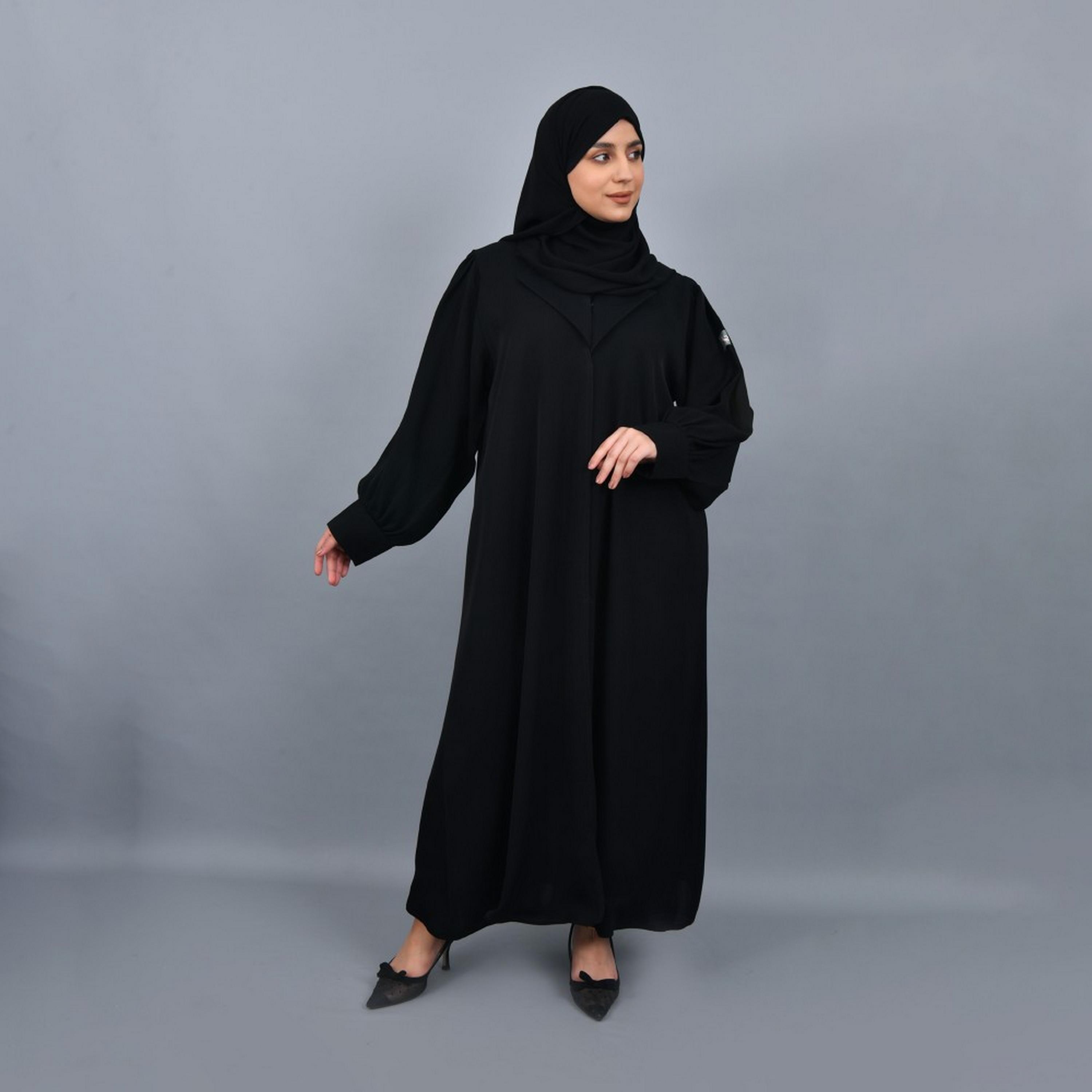 Lamha Black Gathered Sleeves Crepe Women Abaya with Hijab-women-arabicclothing-abayas-image-4