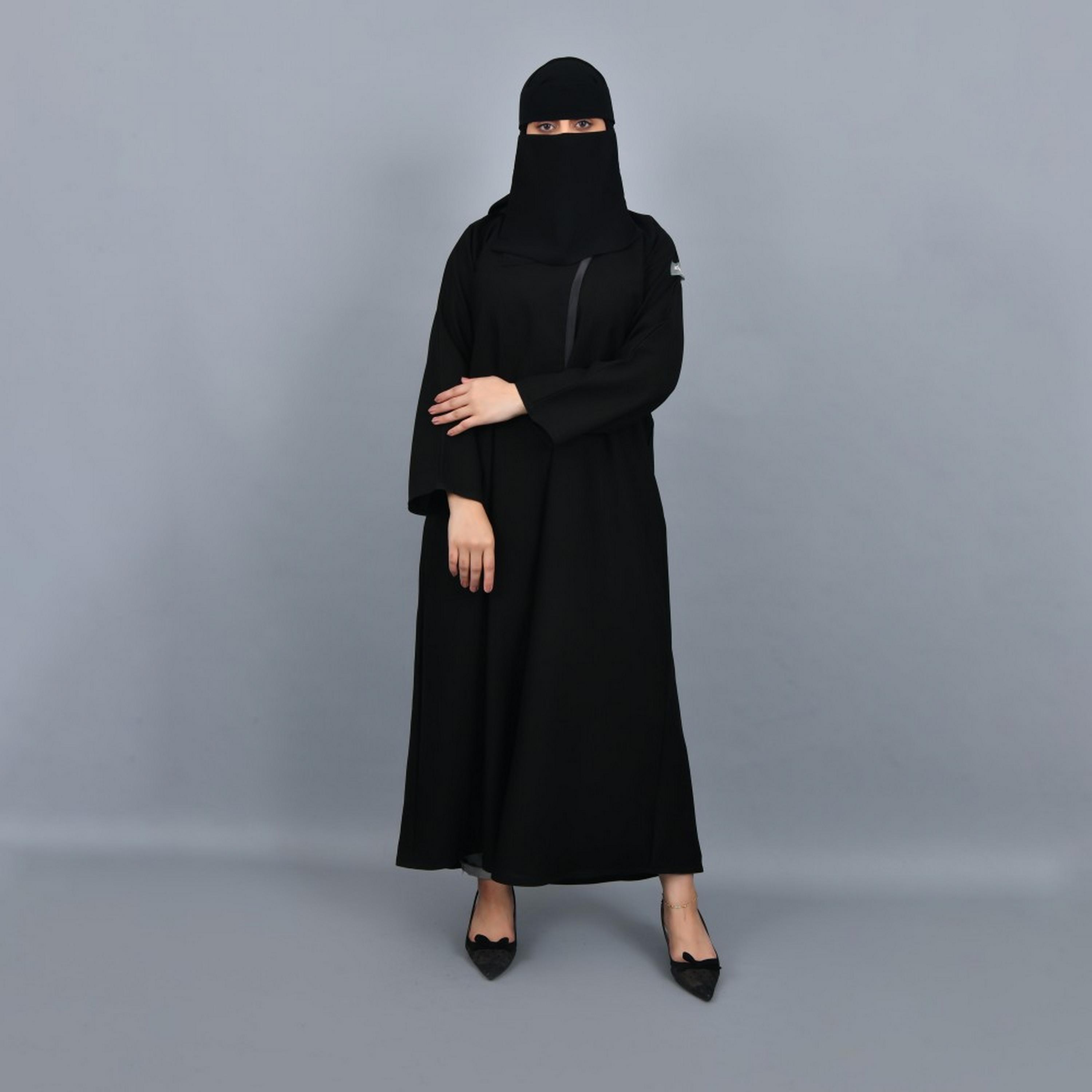Lamha Black Crepe Women Side Buttoned Abaya with Hijab-women-arabicclothing-abayas-image-1