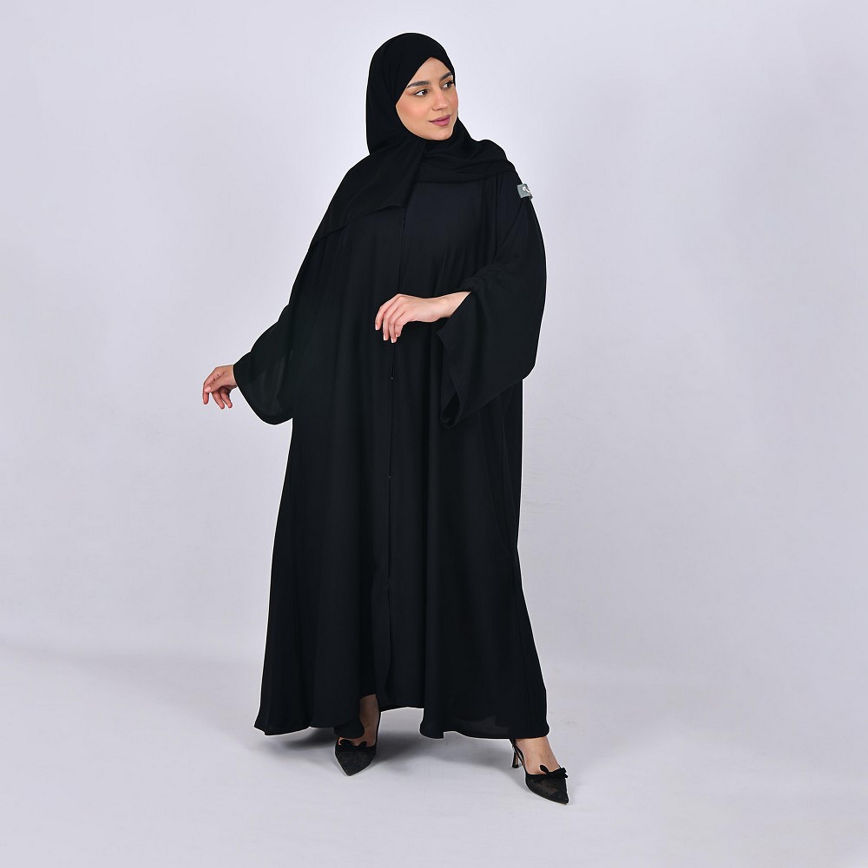 Lamha Black Slit And Gathered Sleeves Crepe Women Abaya with Hijab-women-arabicclothing-abayas-image-1