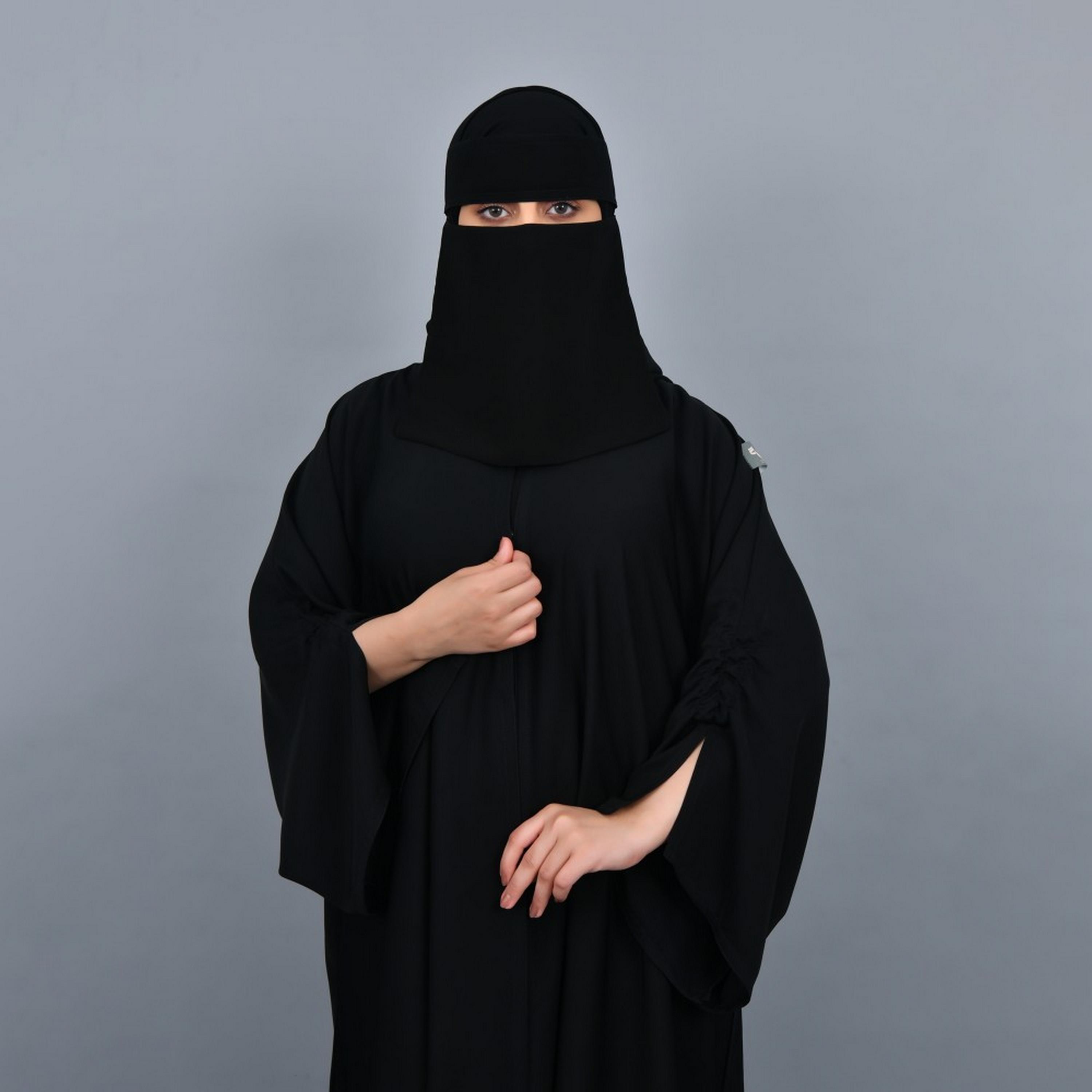 Lamha Black Slit And Gathered Sleeves Crepe Women Abaya with Hijab-women-arabicclothing-abayas-image-2