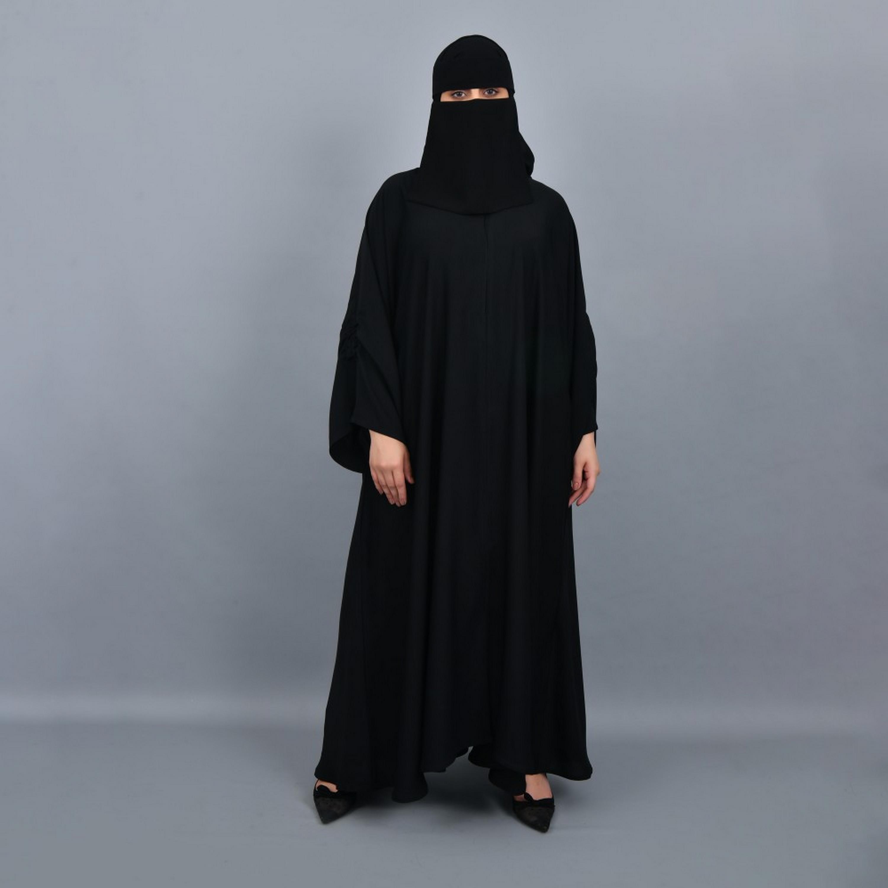 Lamha Black Slit And Gathered Sleeves Crepe Women Abaya with Hijab-women-arabicclothing-abayas-image-4