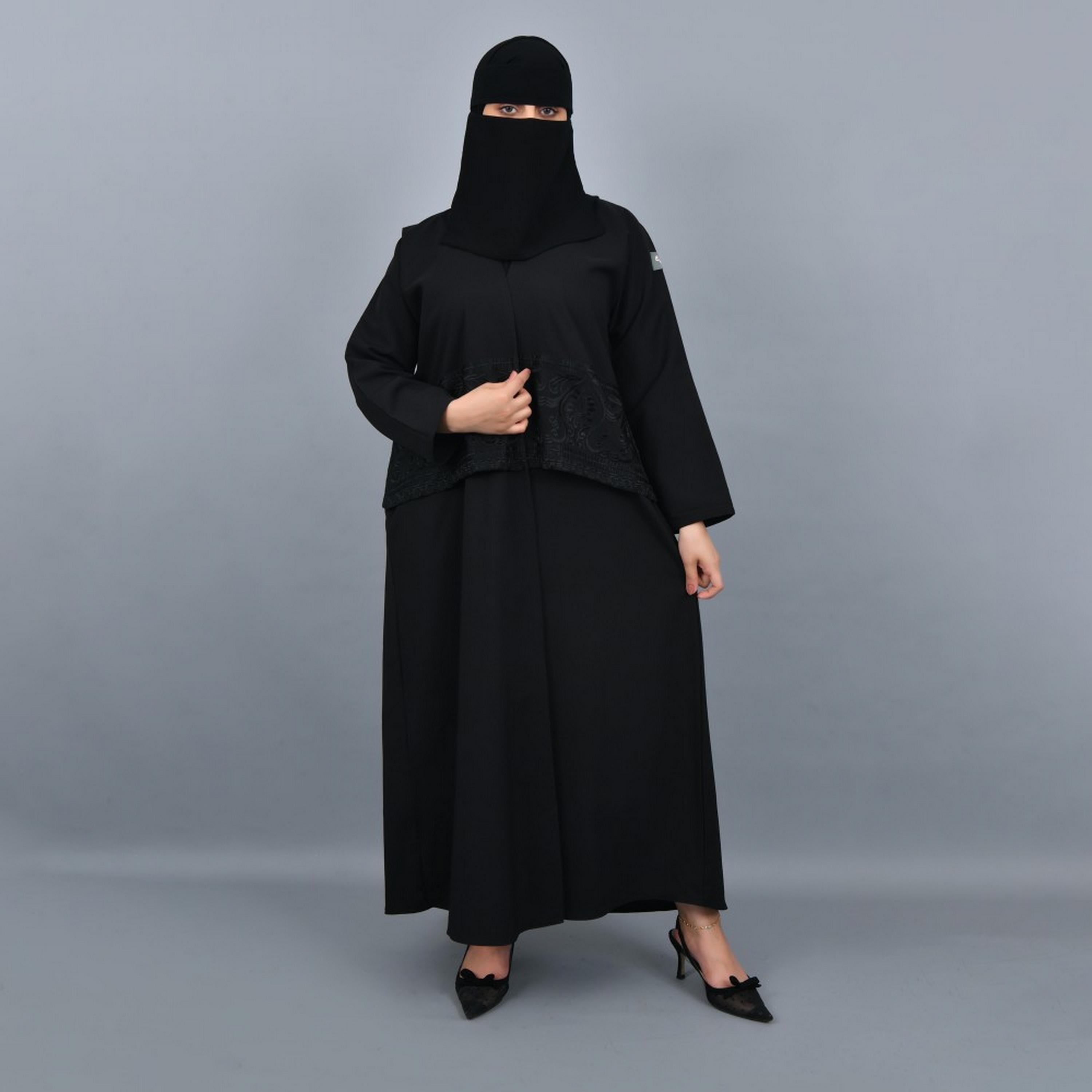 Lamha Black Embroidered Crepe Women Abaya with Hijab-women-arabicclothing-abayas-image-1