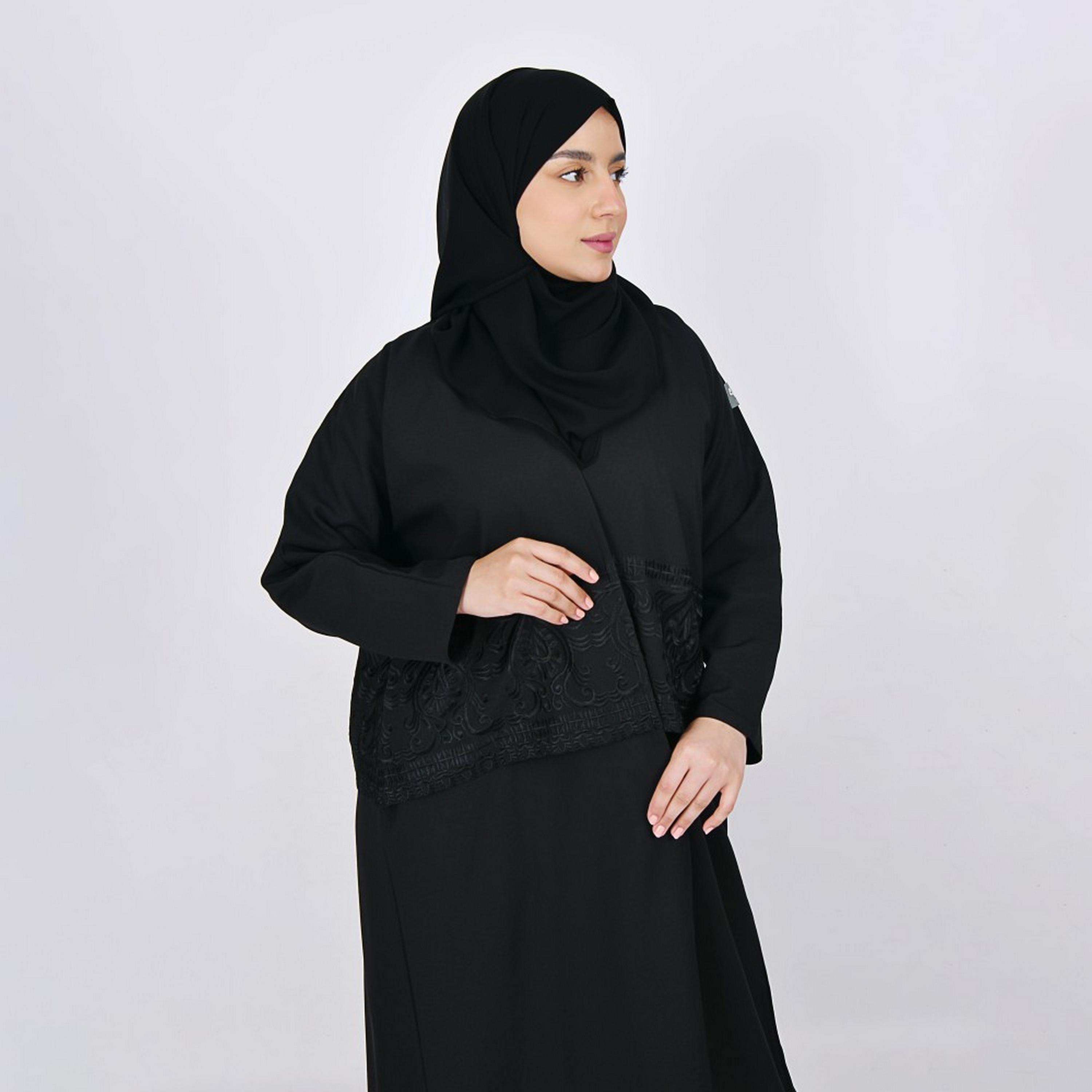 Lamha Black Embroidered Crepe Women Abaya with Hijab-women-arabicclothing-abayas-image-2