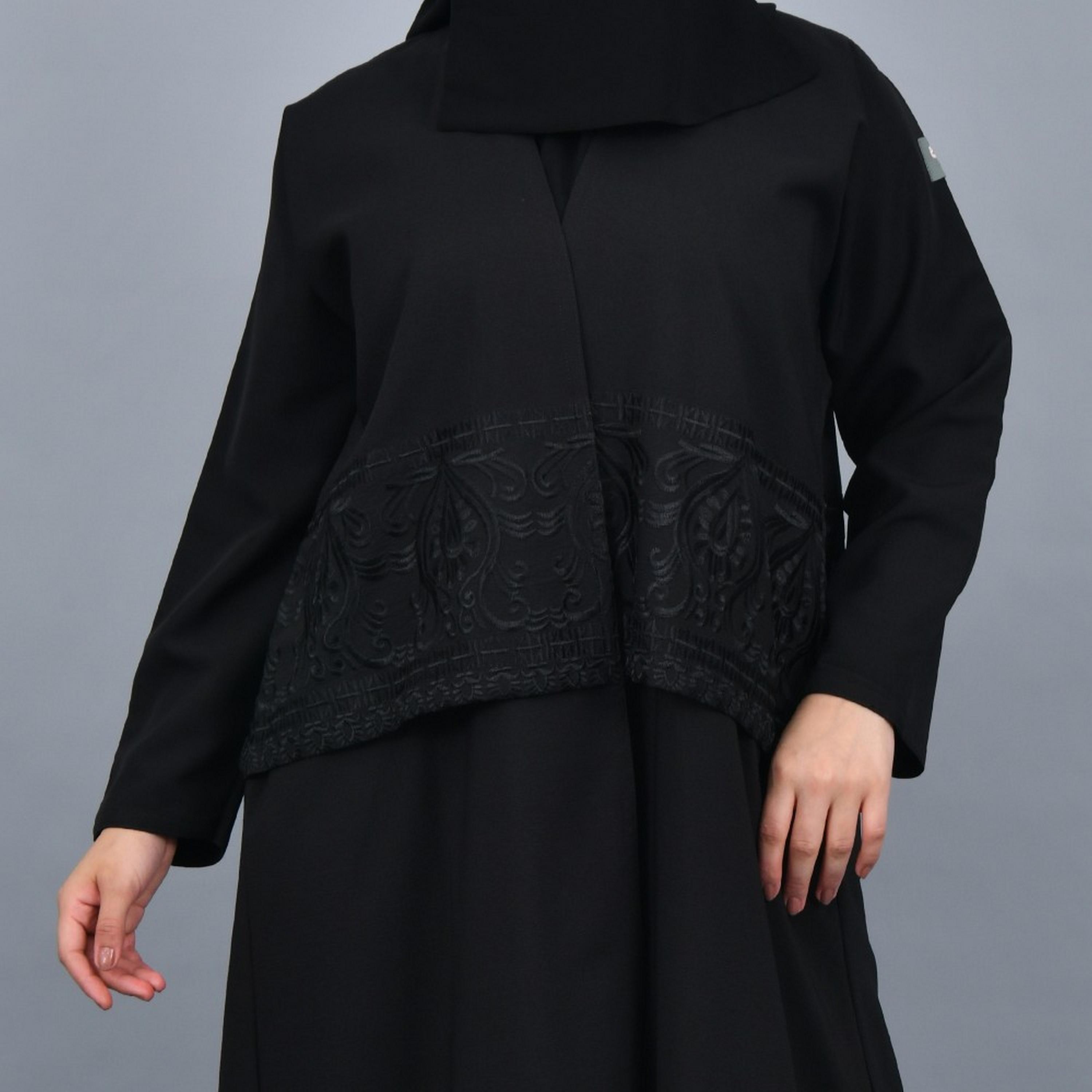Lamha Black Embroidered Crepe Women Abaya with Hijab-women-arabicclothing-abayas-image-3