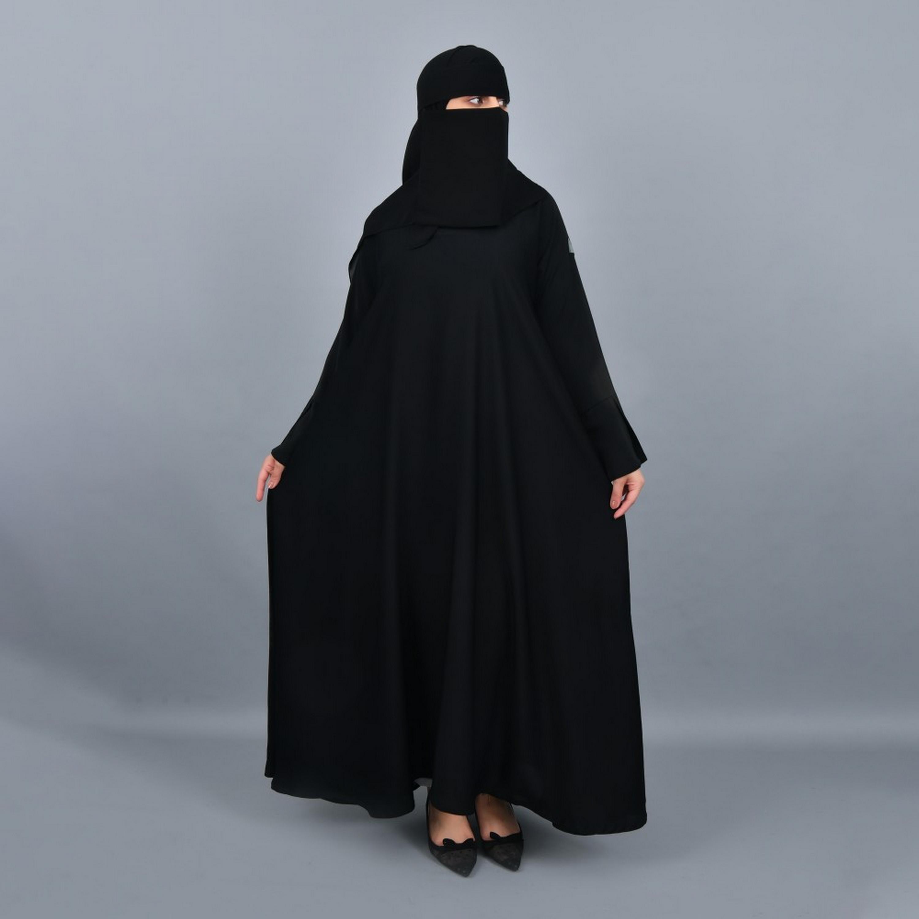 Lamha Black Slit Sleeves Crepe Women Abaya with Hijab-women-arabicclothing-prayerclothing-image-1