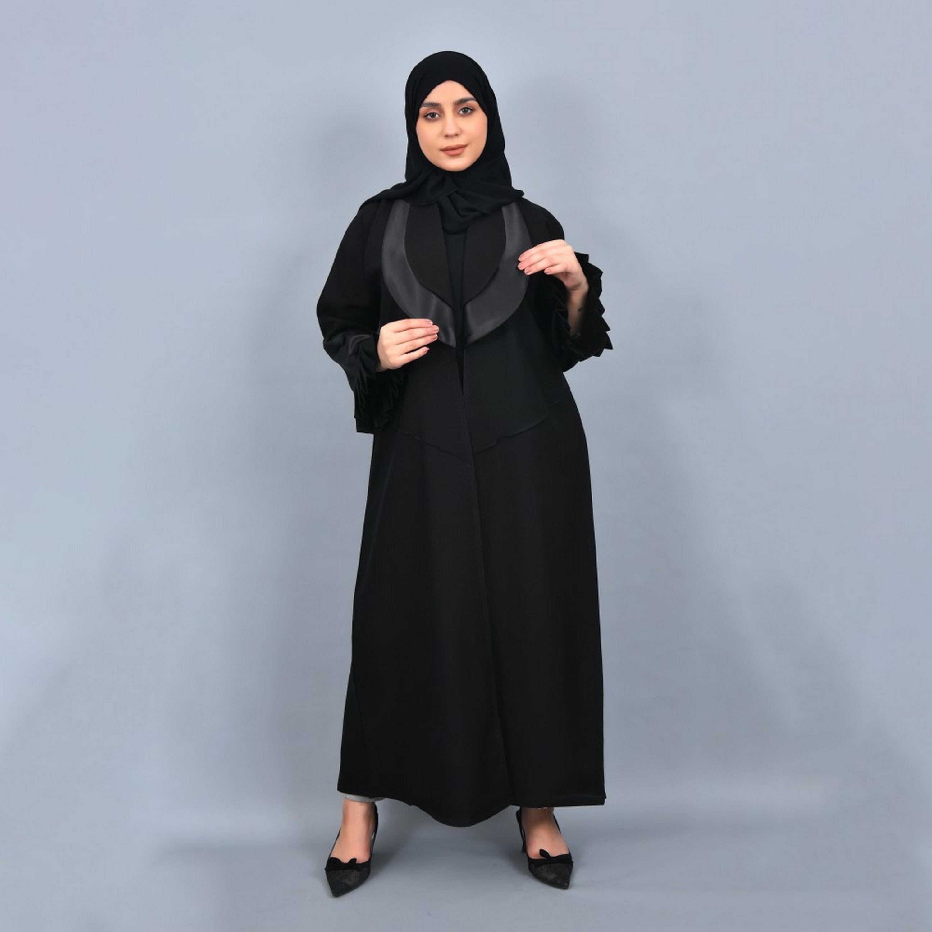 Lamha Black Pleated Sleeves Crepe Women Abaya with Hijab-women-arabicclothing-abayas-image-1