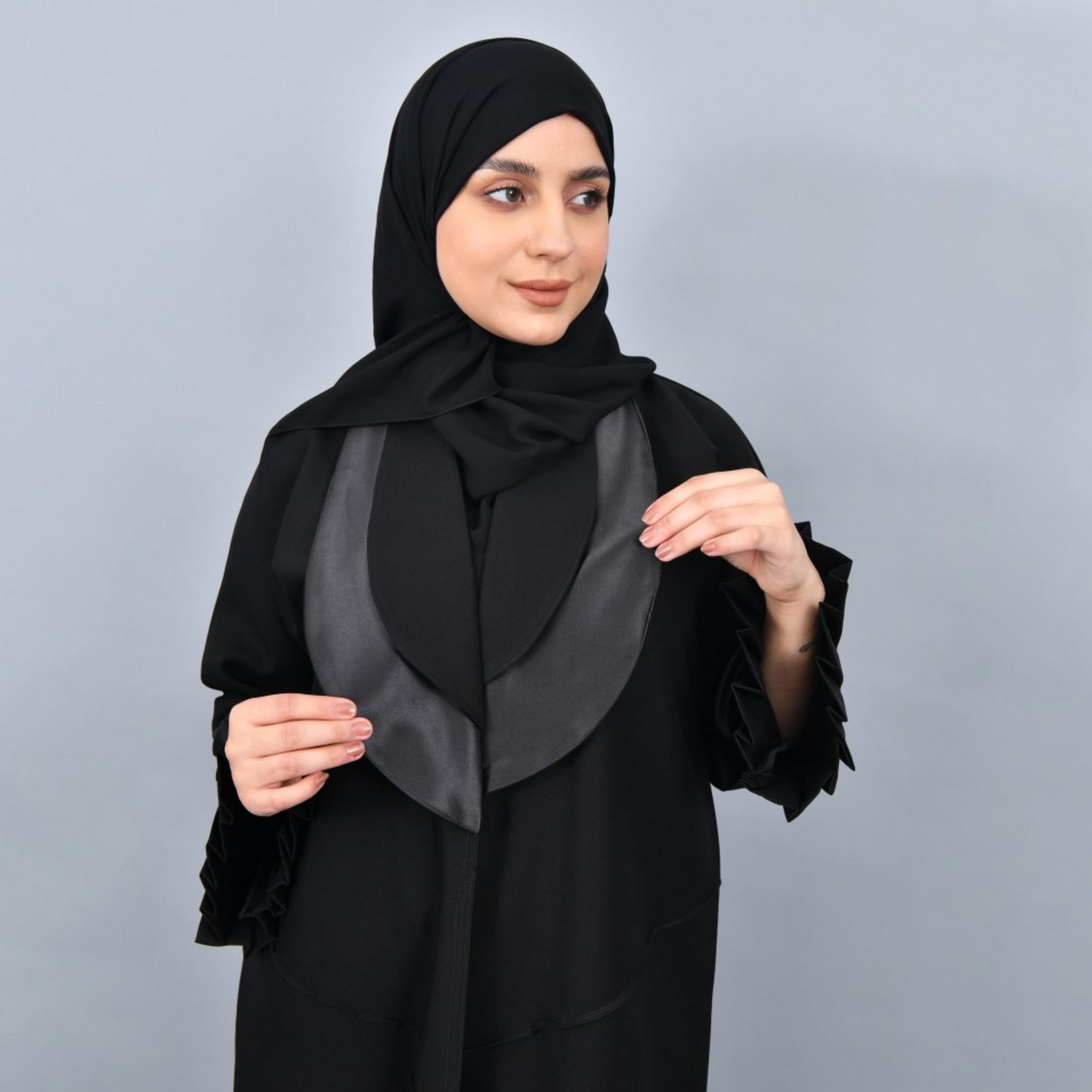 Lamha Black Pleated Sleeves Crepe Women Abaya with Hijab-women-arabicclothing-abayas-image-2