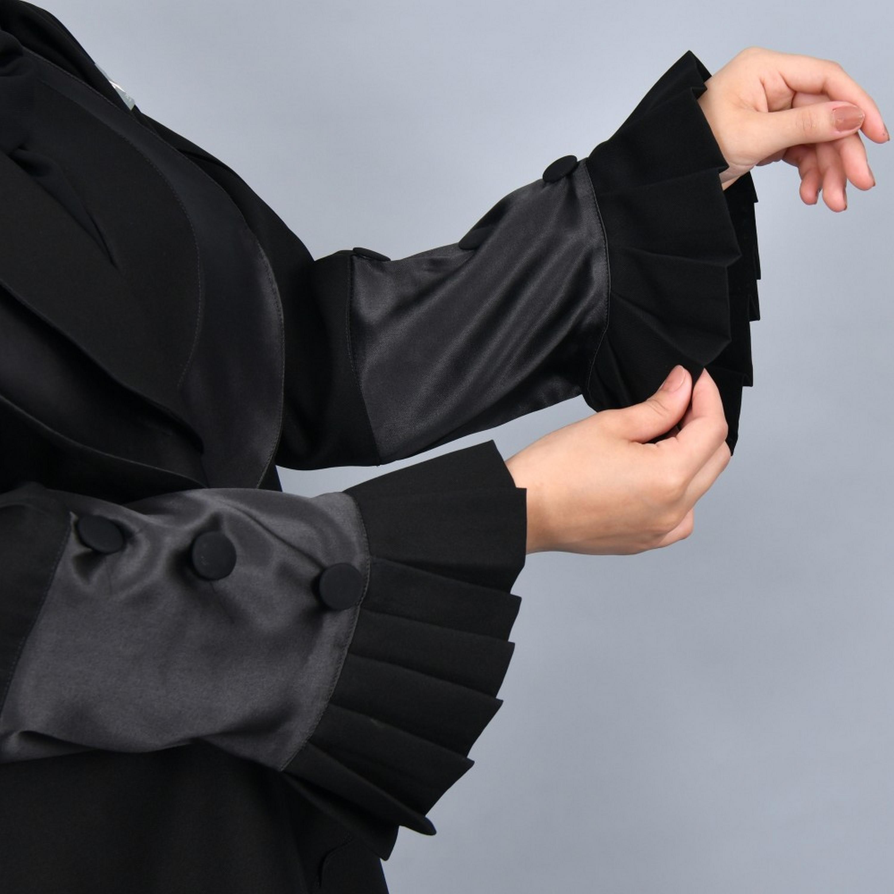 Lamha Black Pleated Sleeves Crepe Women Abaya with Hijab-women-arabicclothing-abayas-image-3