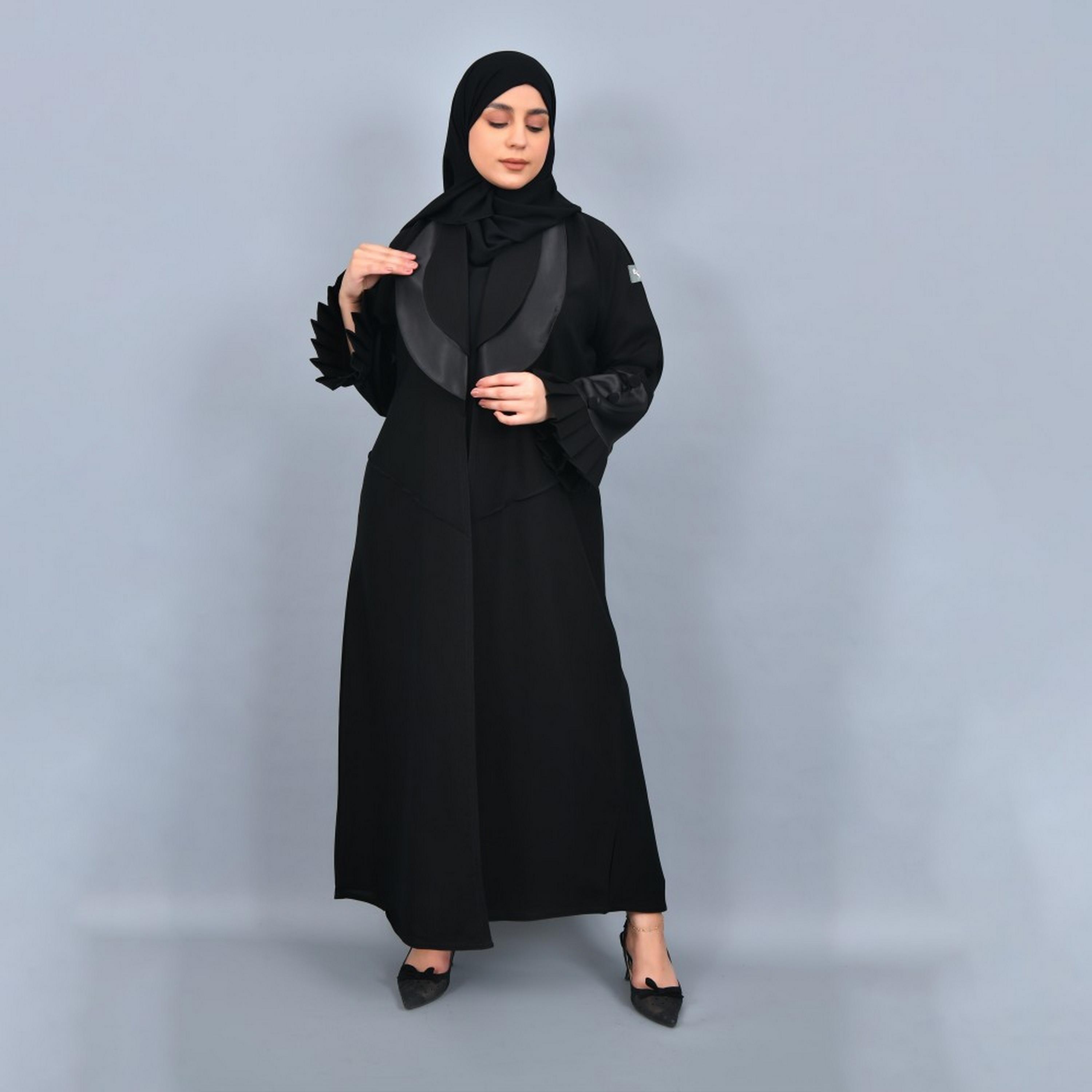 Lamha Black Pleated Sleeves Crepe Women Abaya with Hijab-women-arabicclothing-abayas-image-4