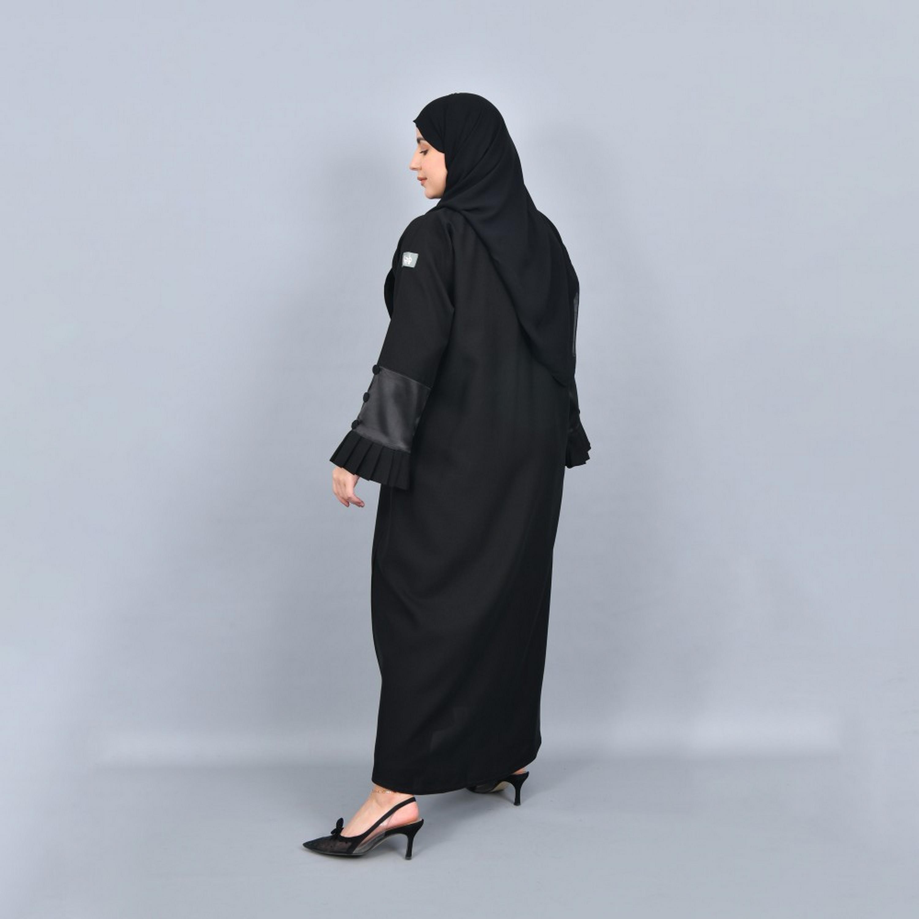 Lamha Black Pleated Sleeves Crepe Women Abaya with Hijab-women-arabicclothing-abayas-image-5