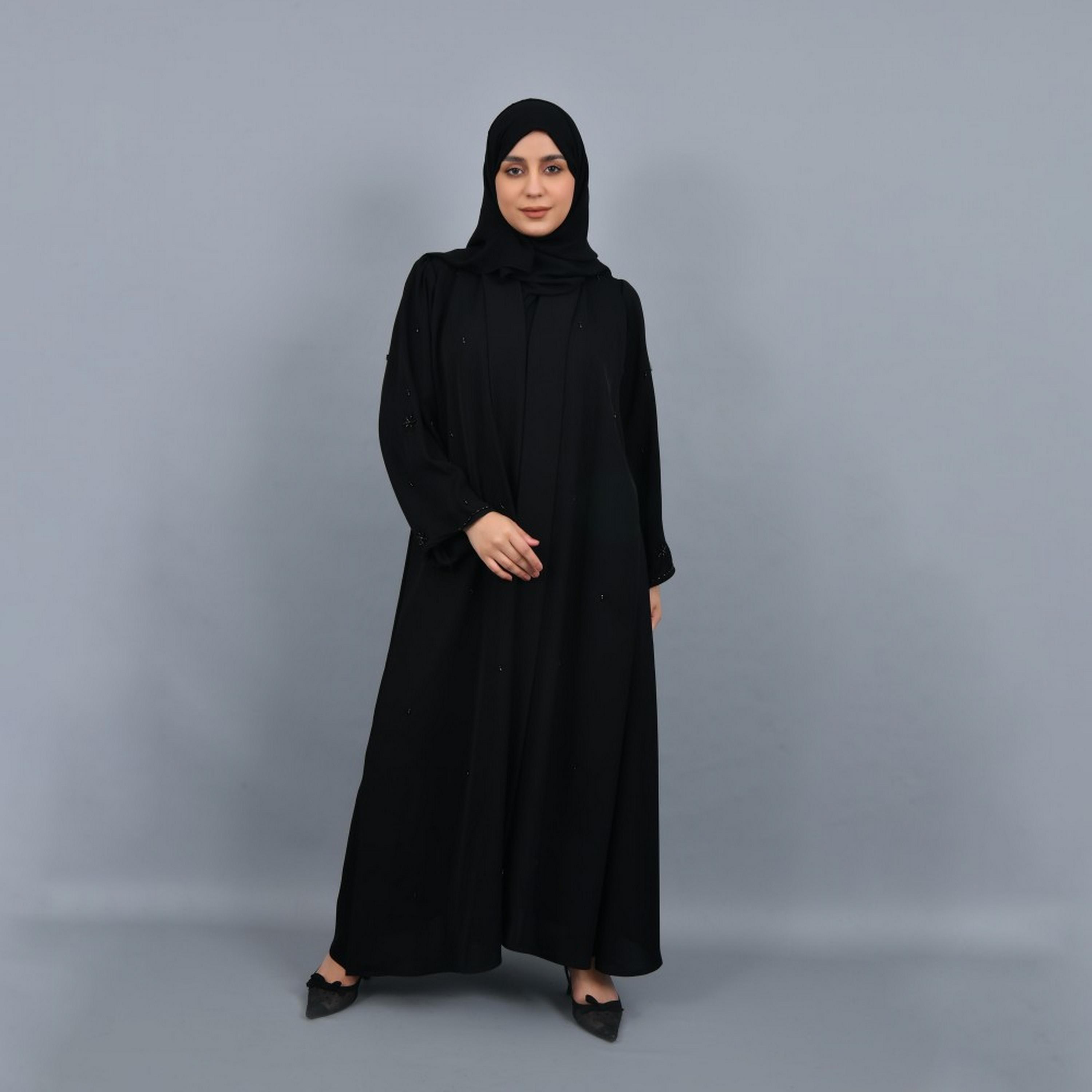 Lamha Black Beaded Crepe Women Abaya with Hijab-women-arabicclothing-abayas-image-1