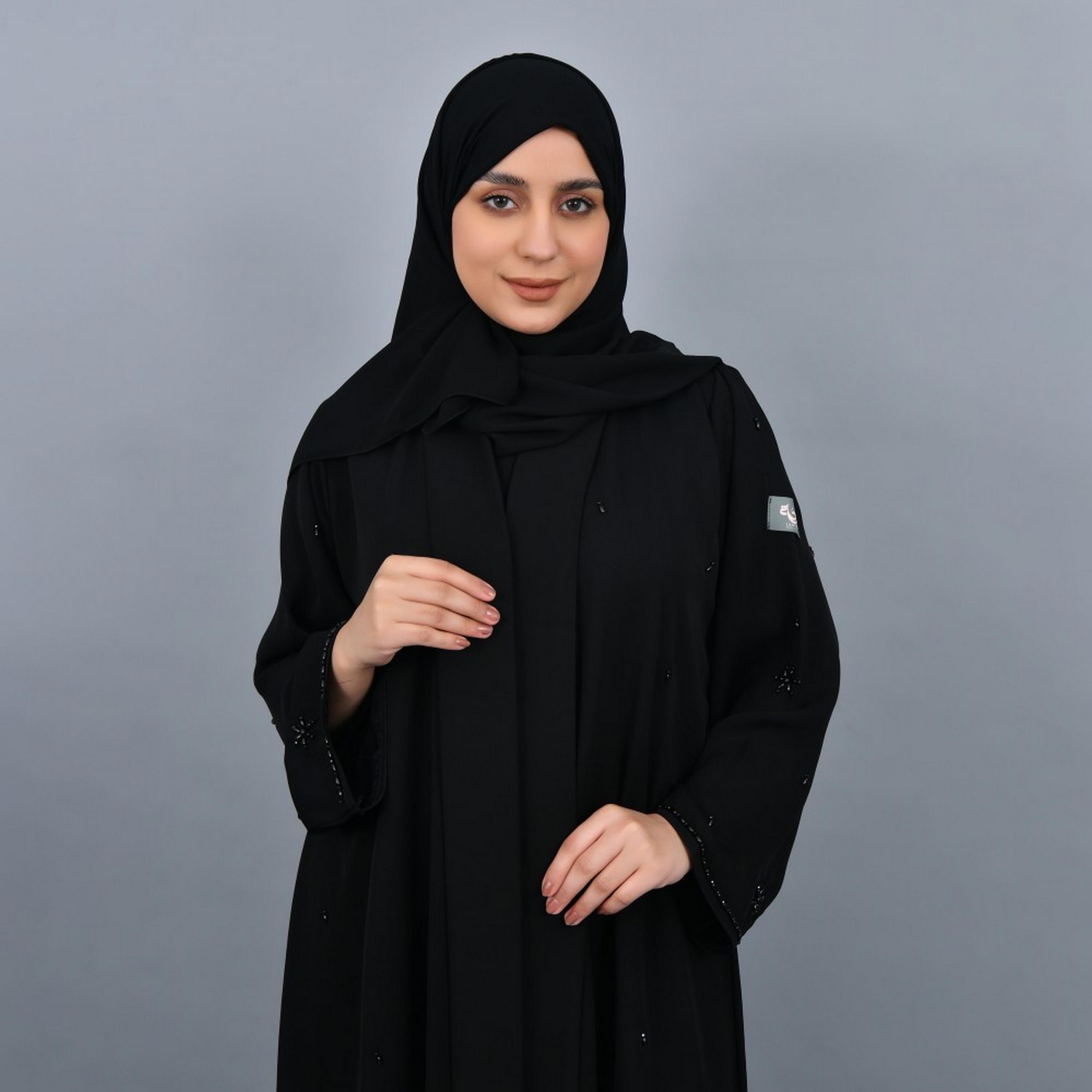 Lamha Black Beaded Crepe Women Abaya with Hijab-women-arabicclothing-abayas-image-2