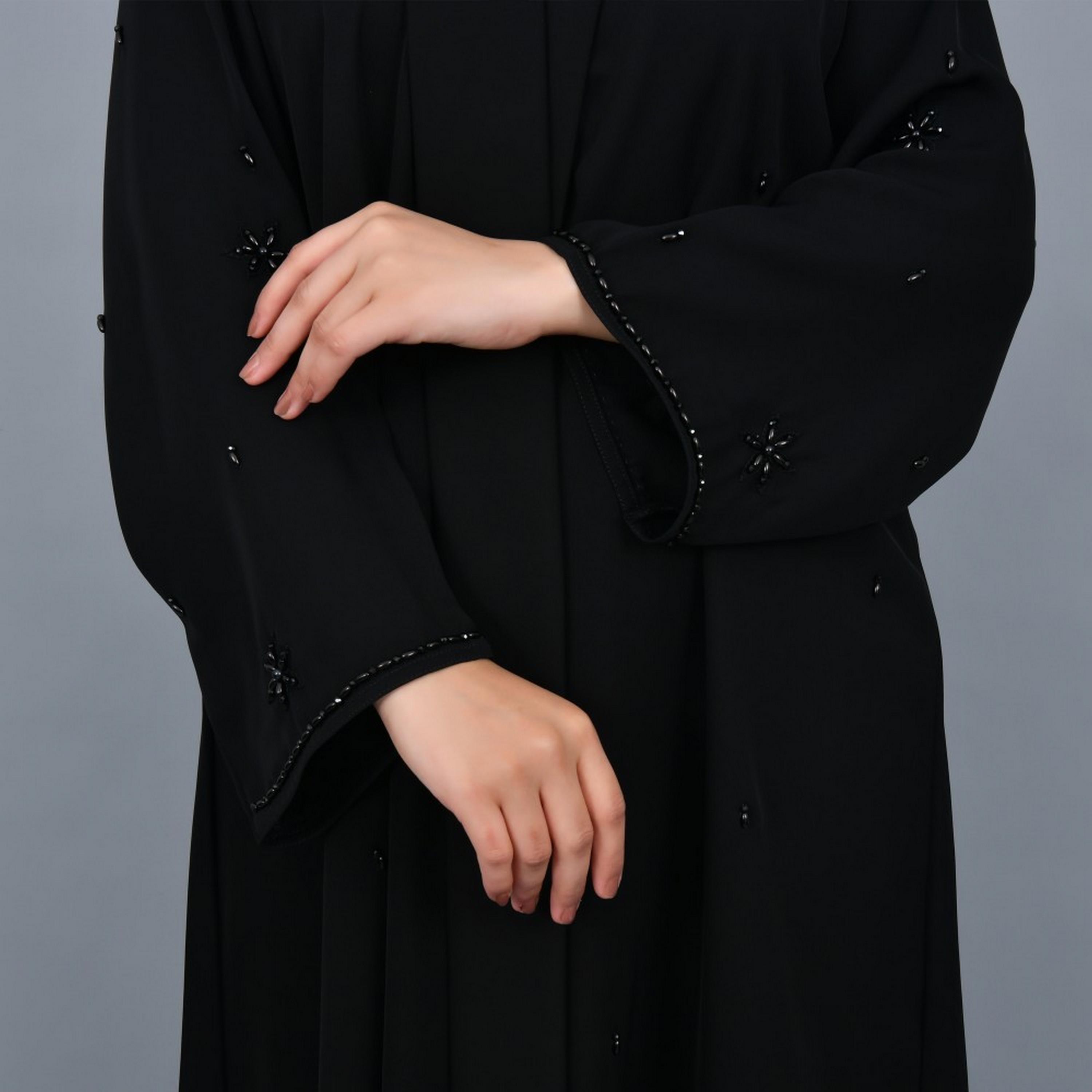 Lamha Black Beaded Crepe Women Abaya with Hijab-women-arabicclothing-abayas-image-3