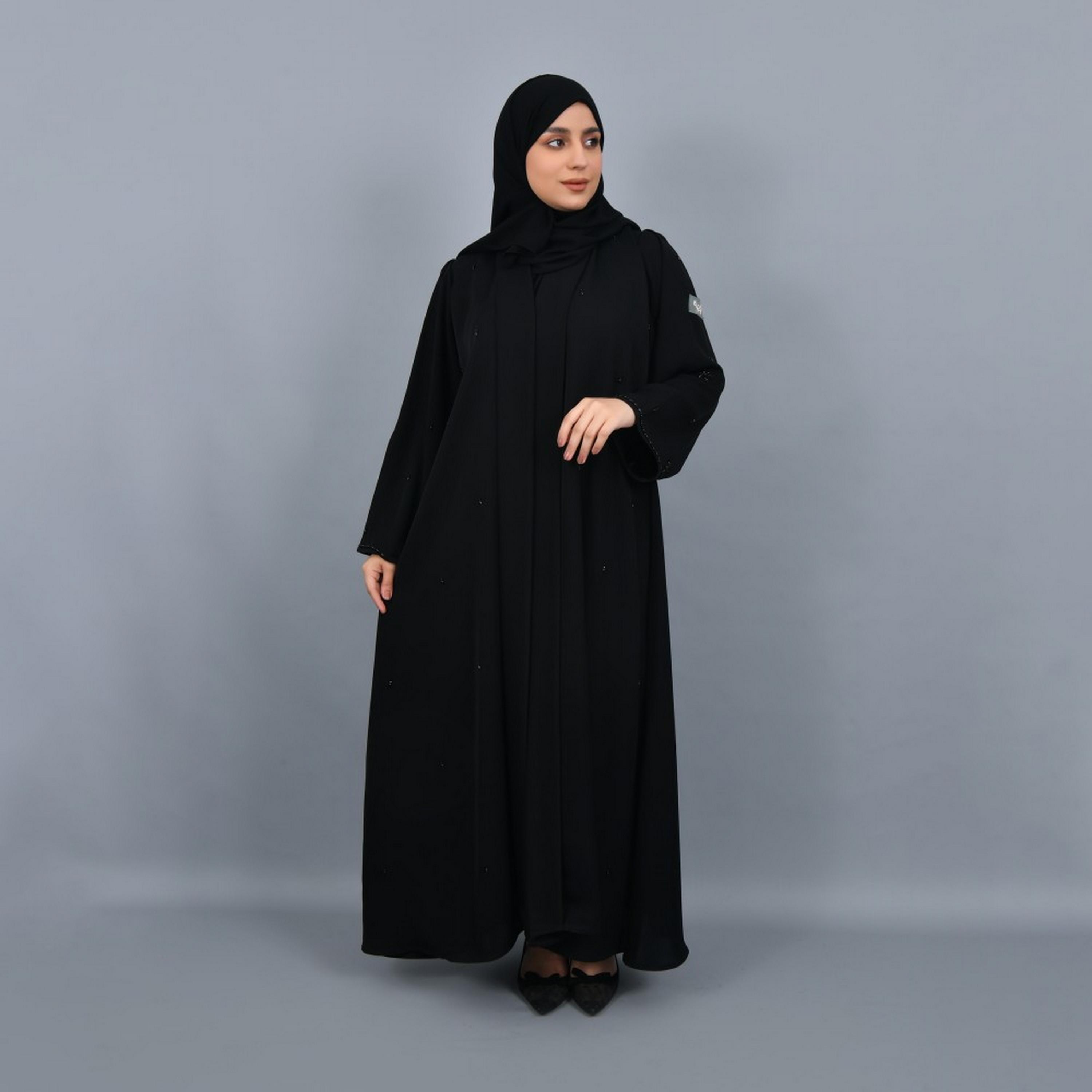 Lamha Black Beaded Crepe Women Abaya with Hijab-women-arabicclothing-abayas-image-4