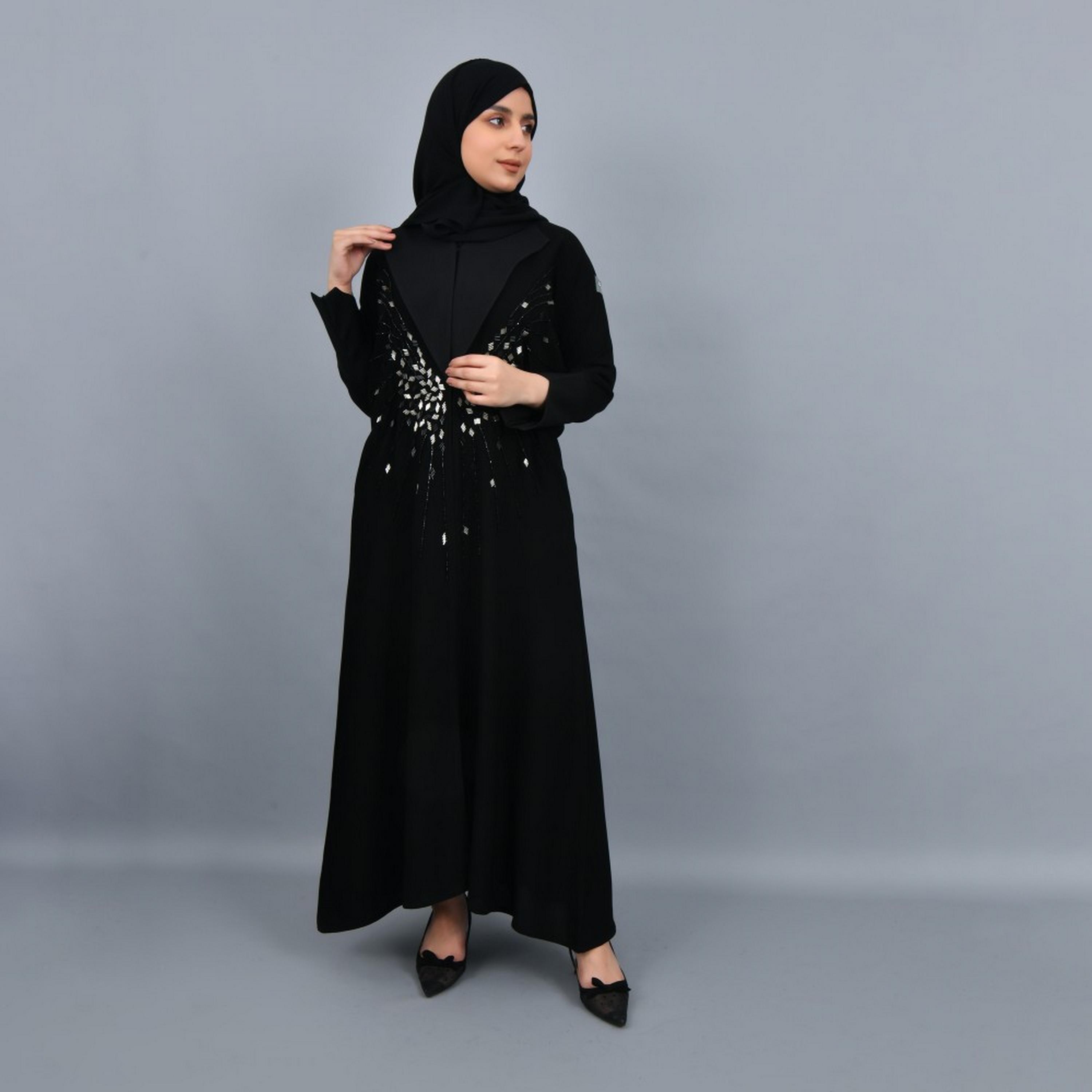 Lamha Black Lapel Collar Embellished Crepe Women Abaya with Hijab-women-arabicclothing-abayas-image-1