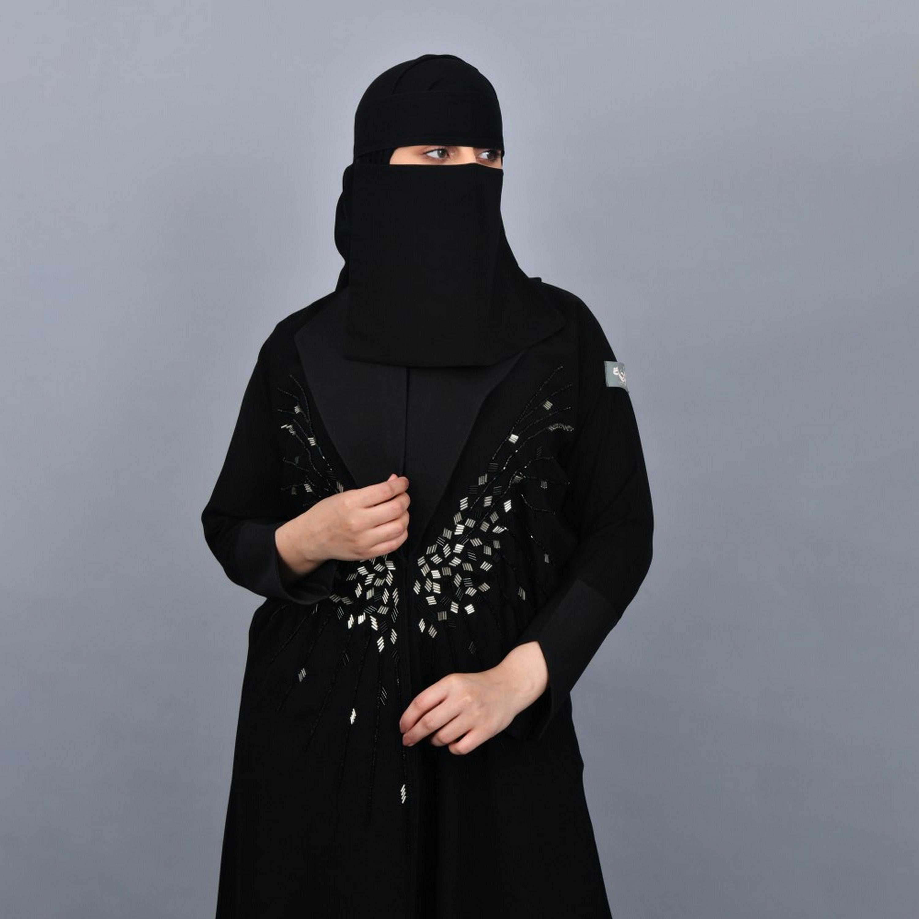 Lamha Black Lapel Collar Embellished Crepe Women Abaya with Hijab-women-arabicclothing-abayas-image-2
