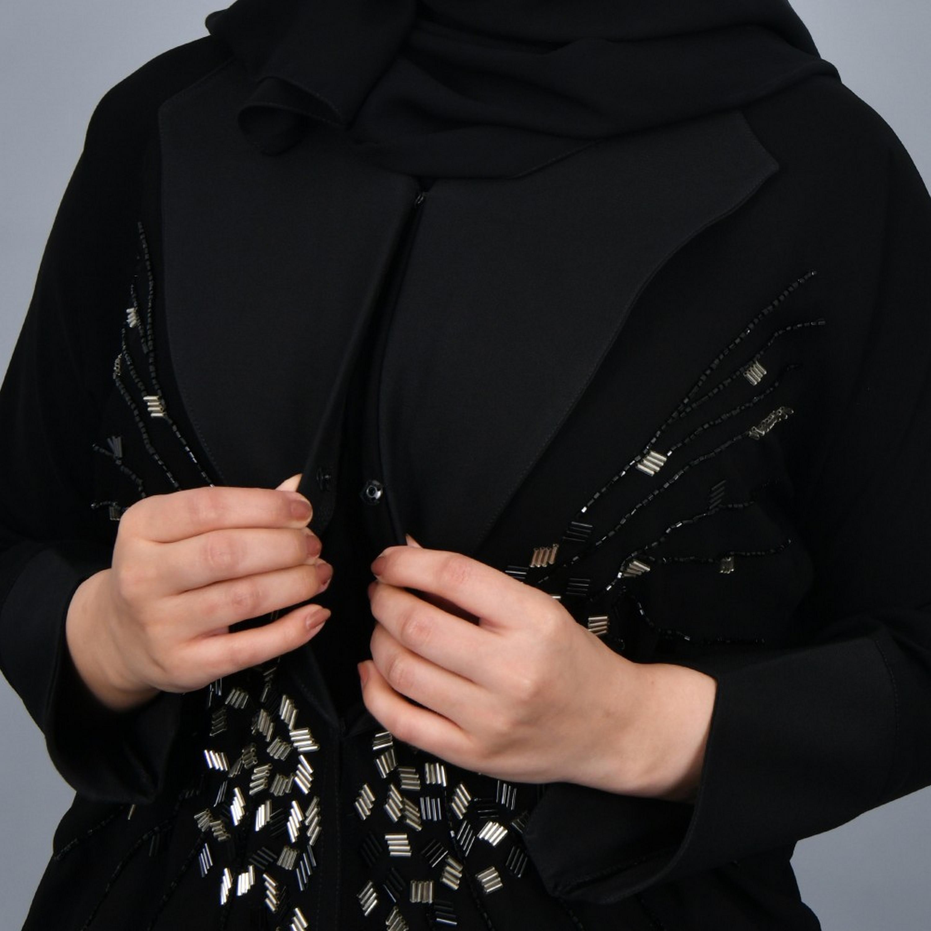 Lamha Black Lapel Collar Embellished Crepe Women Abaya with Hijab-women-arabicclothing-abayas-image-3
