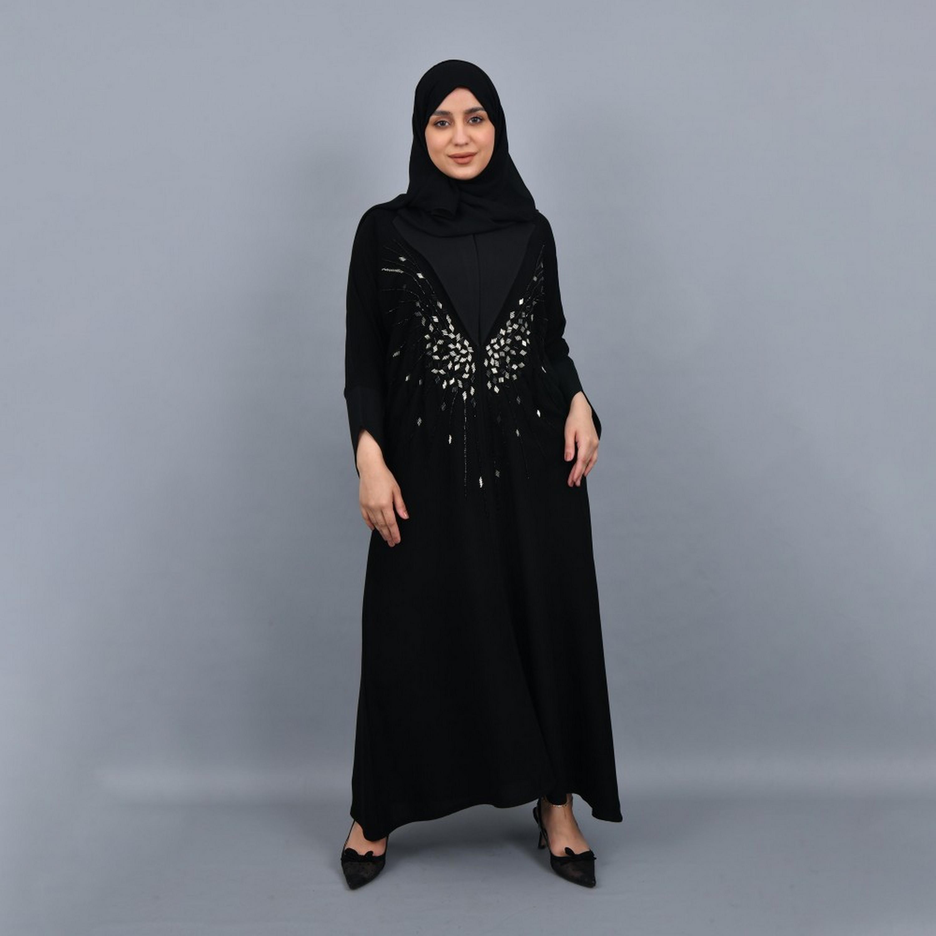 Lamha Black Lapel Collar Embellished Crepe Women Abaya with Hijab-women-arabicclothing-abayas-image-4