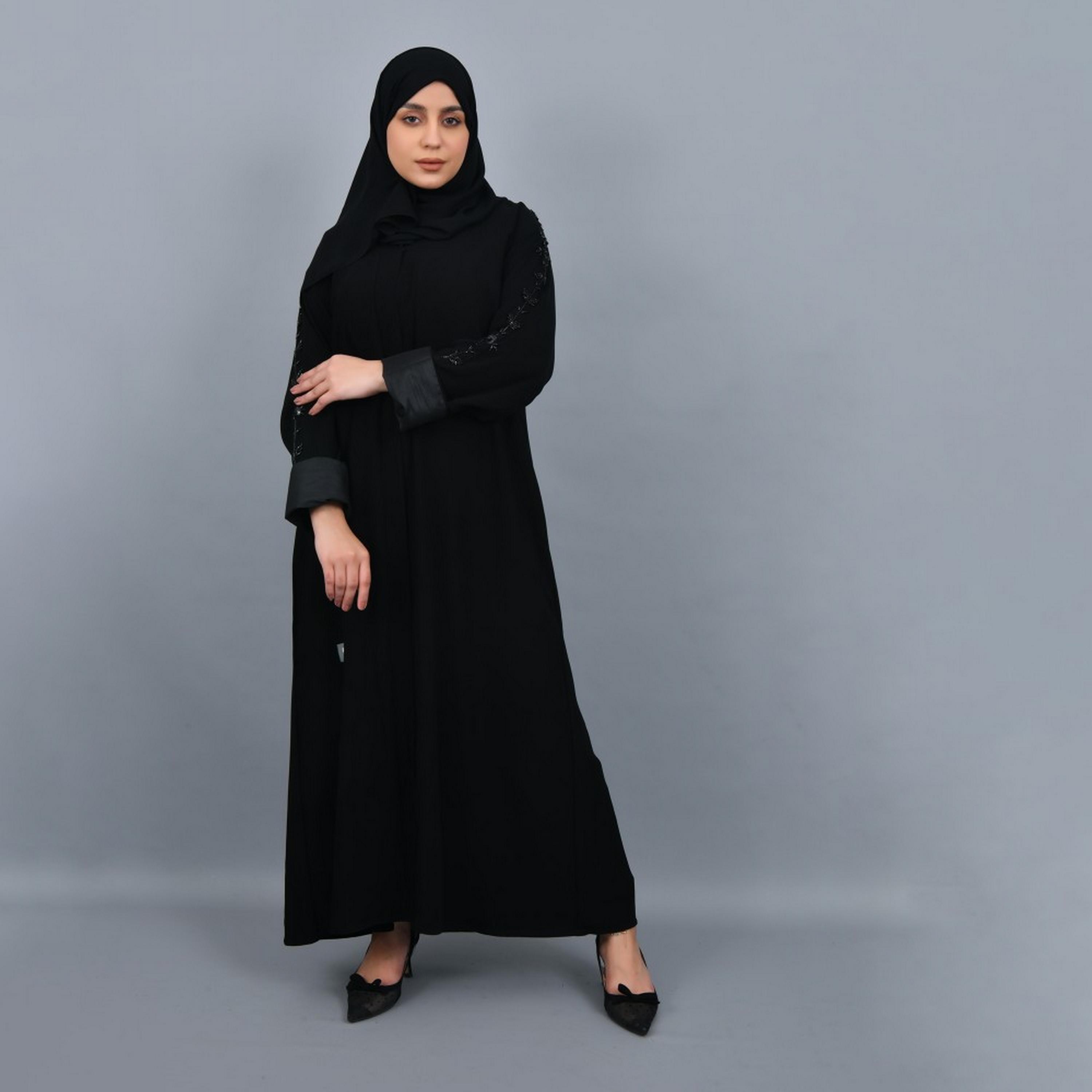 Lamha Black Beaded Crepe Women Abaya with Hijab-women-arabicclothing-abayas-image-1