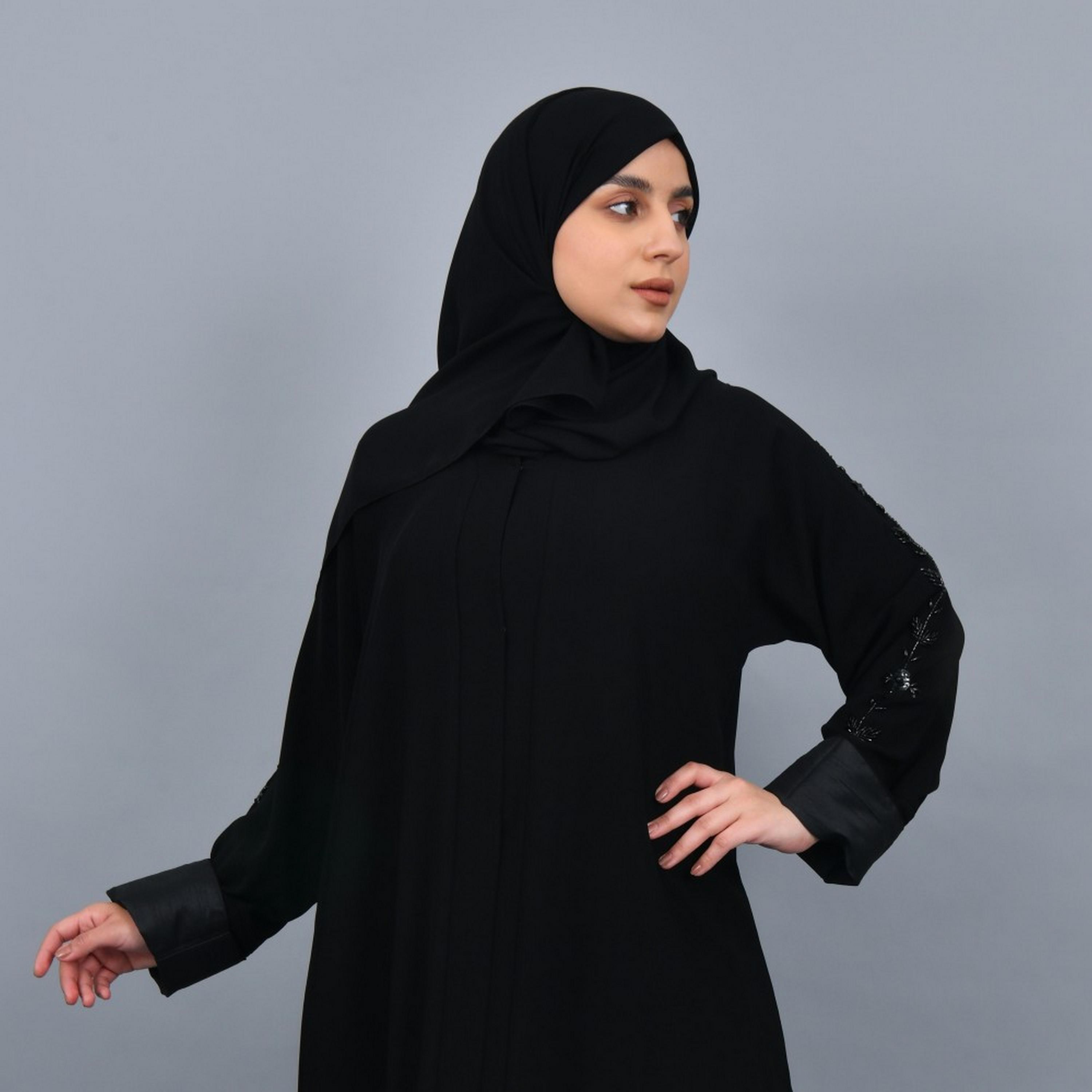 Lamha Black Beaded Crepe Women Abaya with Hijab-women-arabicclothing-abayas-image-2