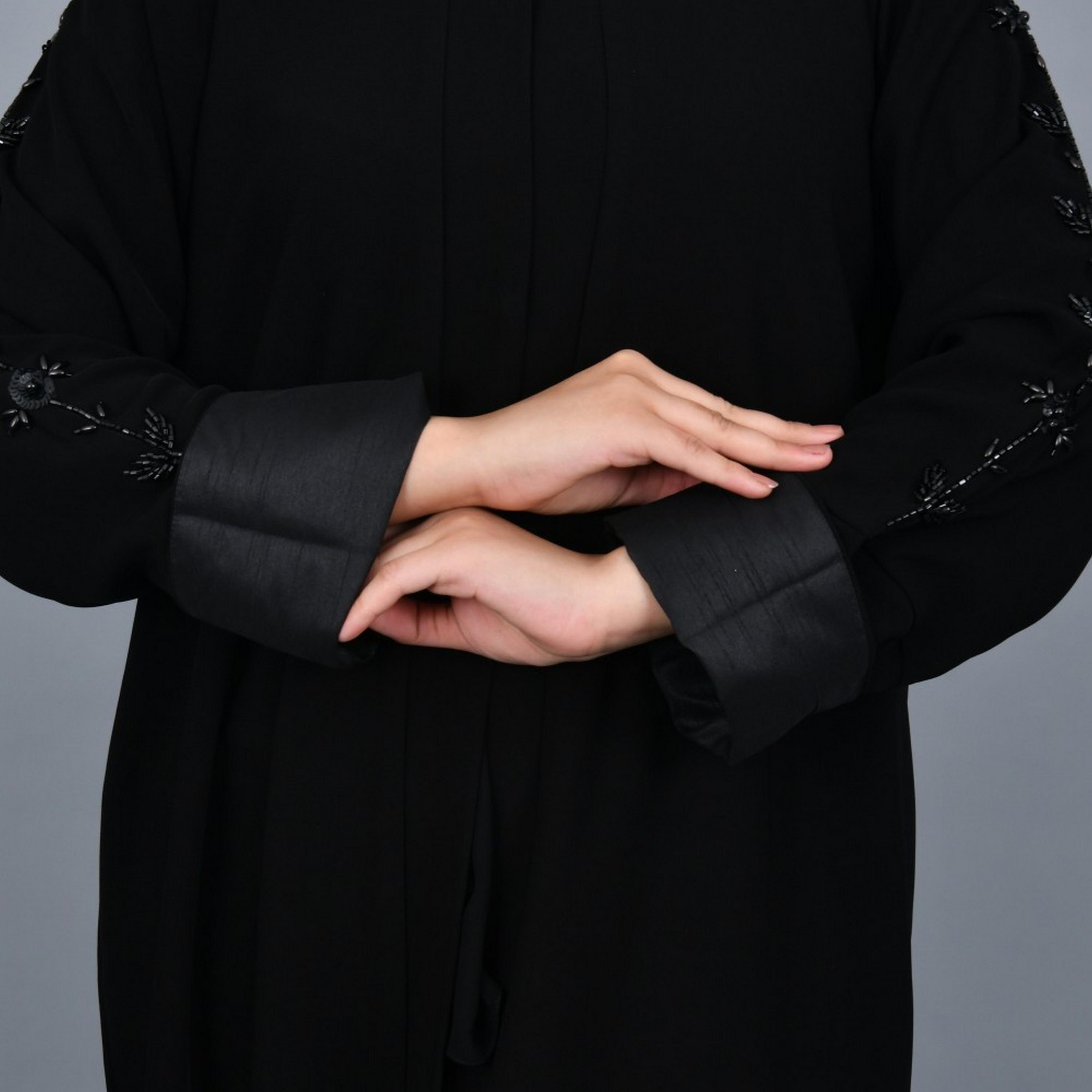 Lamha Black Beaded Crepe Women Abaya with Hijab-women-arabicclothing-abayas-image-3