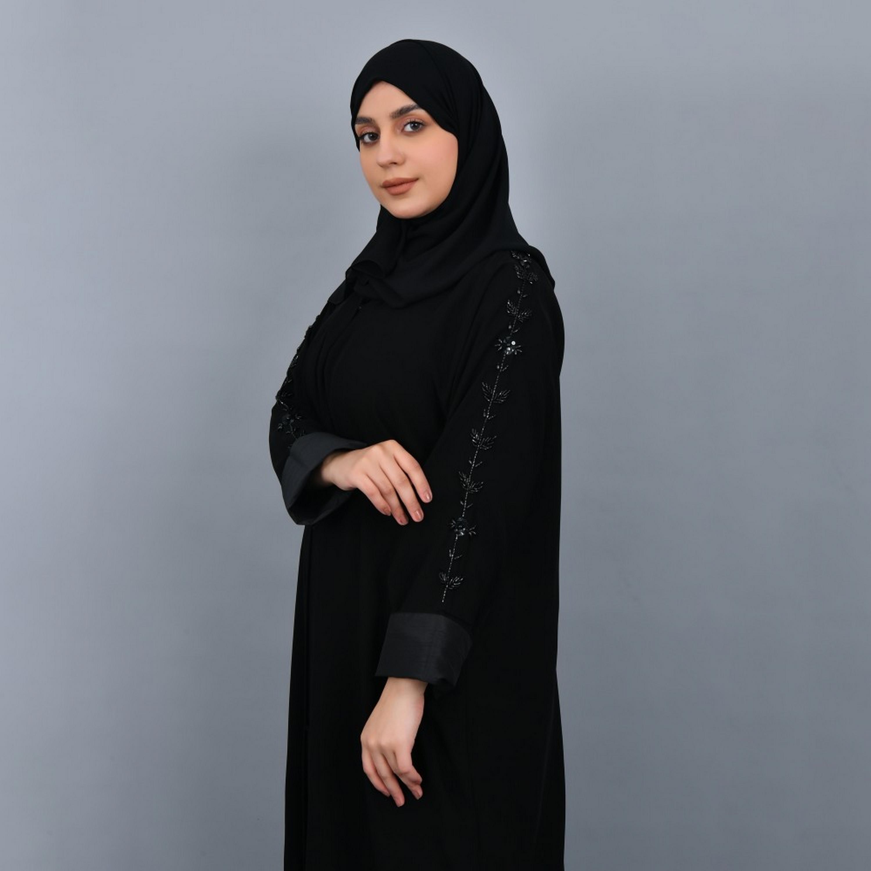 Lamha Black Beaded Crepe Women Abaya with Hijab-women-arabicclothing-abayas-image-4