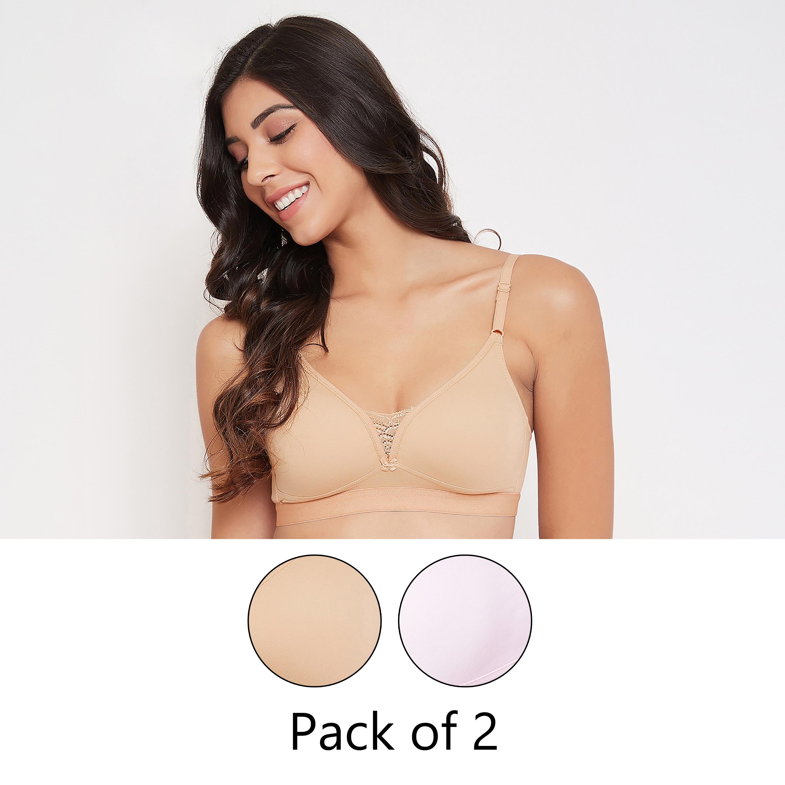 Clovia Pack of 2 Non-Padded Non-Wired Full Coverage Women's T-Shirt Bra in Light Pink & Nude-Cotton-women-clothing-lingerie-bras-image-1