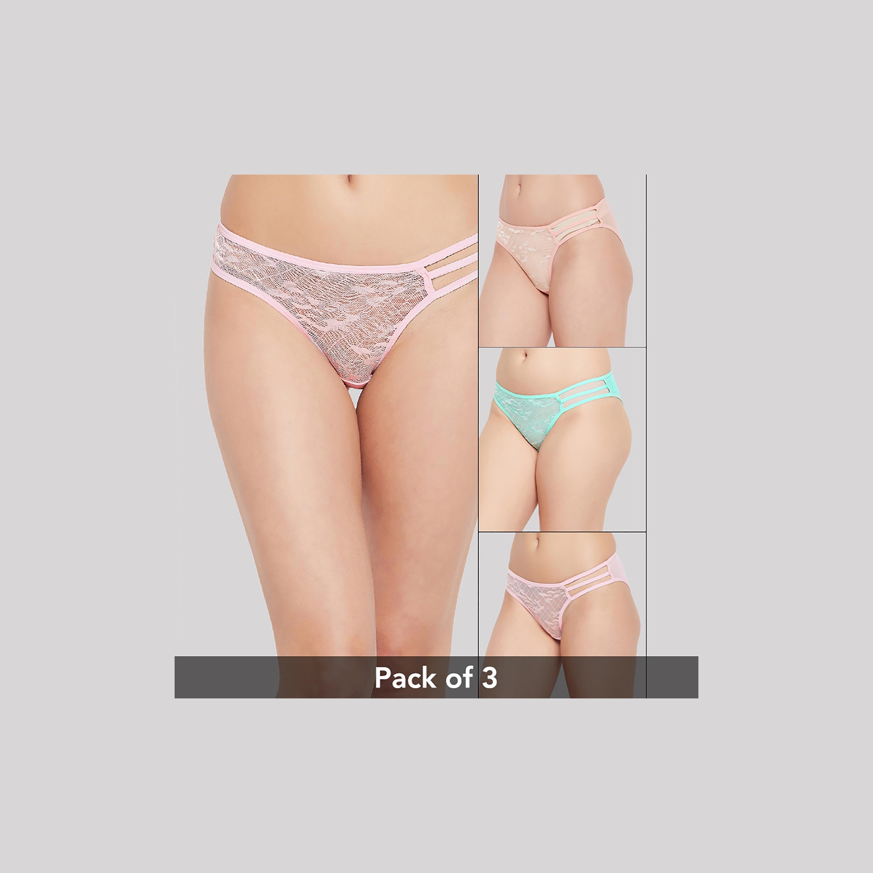 مجموعة كلوفيا مكونة من 3 سراويل بيكيني ذات دانتيل بخصر منخفض مع مزين كيج-women-clothing-lingerie-panties-image-1