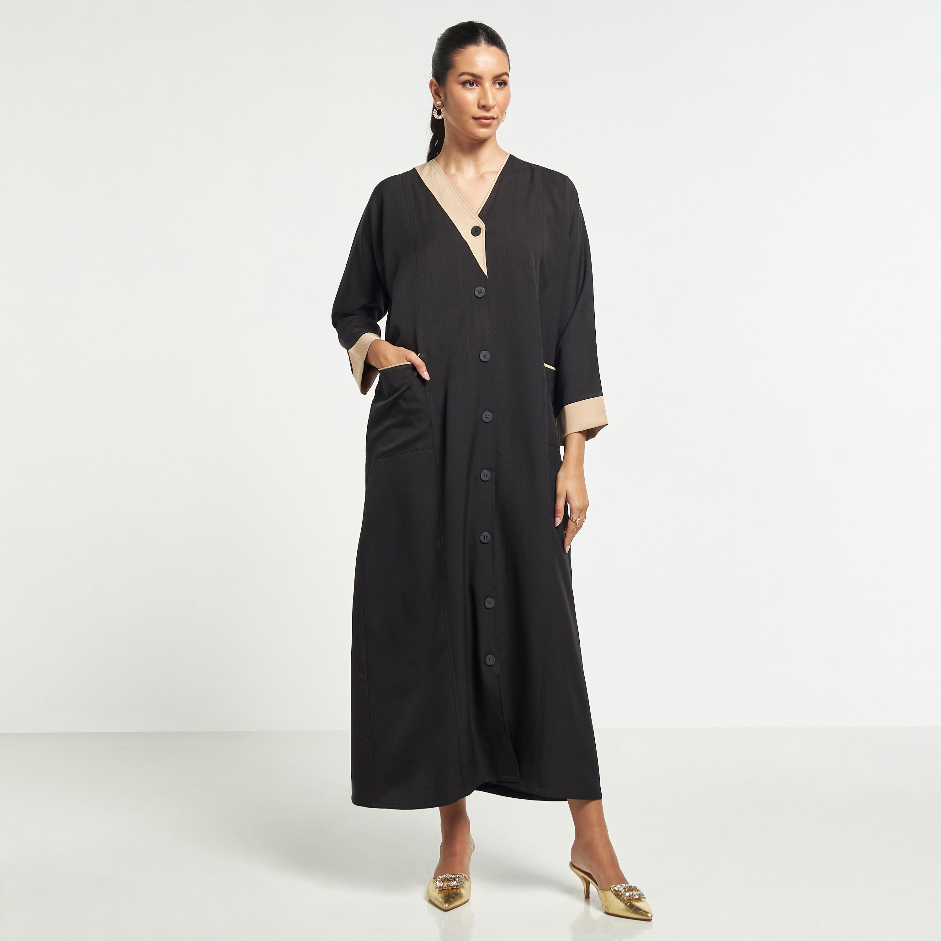 Hadiyath Al Madinah Panelled V-neck Abaya with Hijab-women-arabicclothing-abayas-image-1