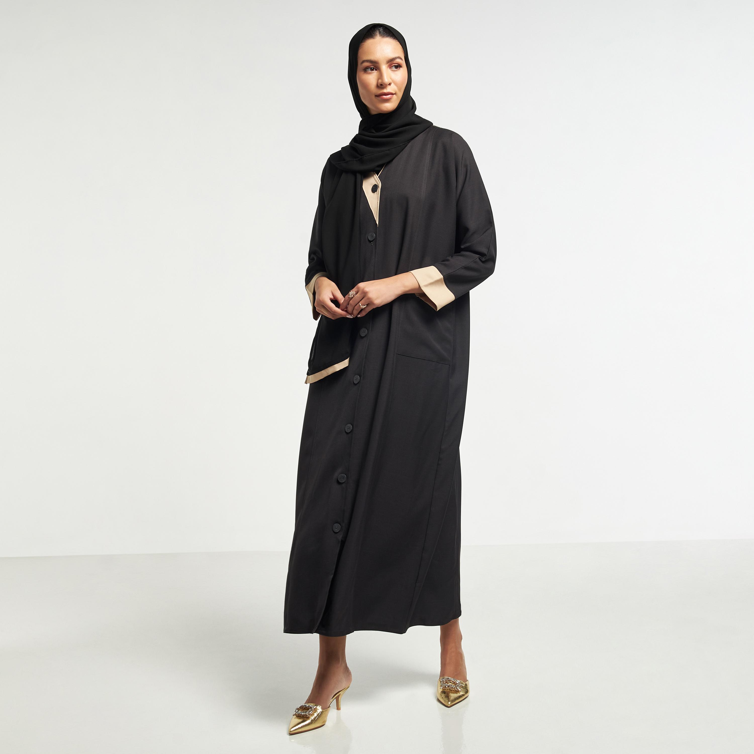 Hadiyath Al Madinah Panelled V-neck Abaya with Hijab-women-arabicclothing-abayas-image-4