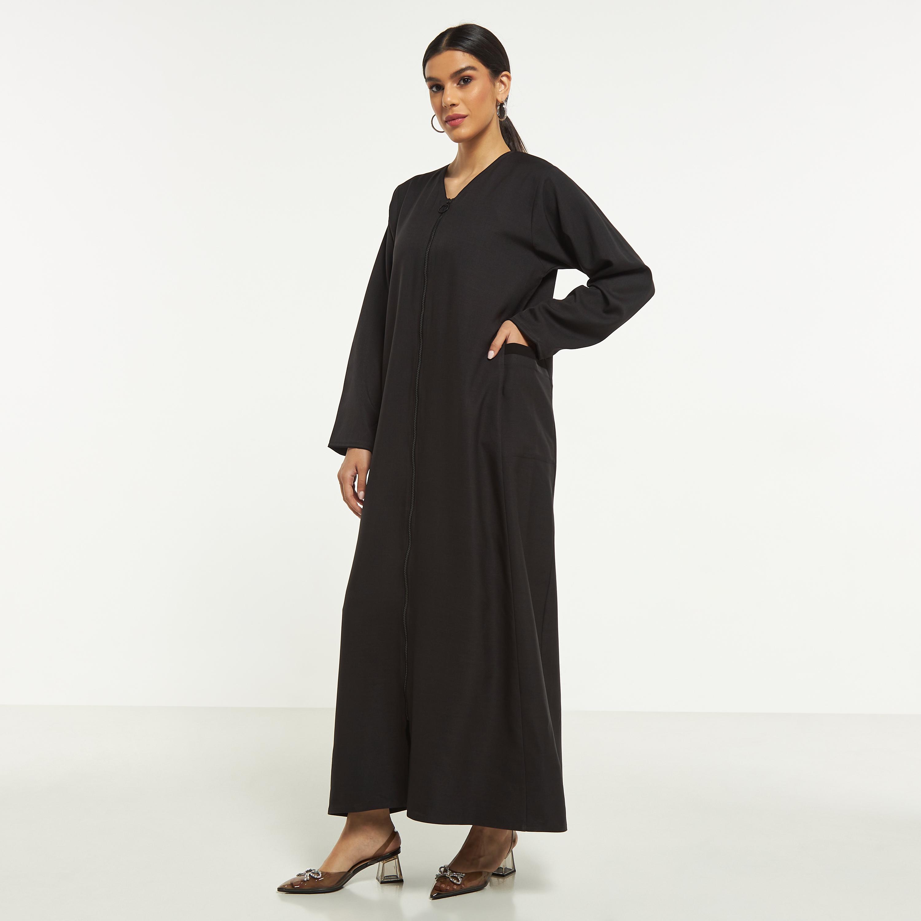Hadiyath Al Madinah Solid Abaya with Pocket and Hijab-women-arabicclothing-abayas-image-1