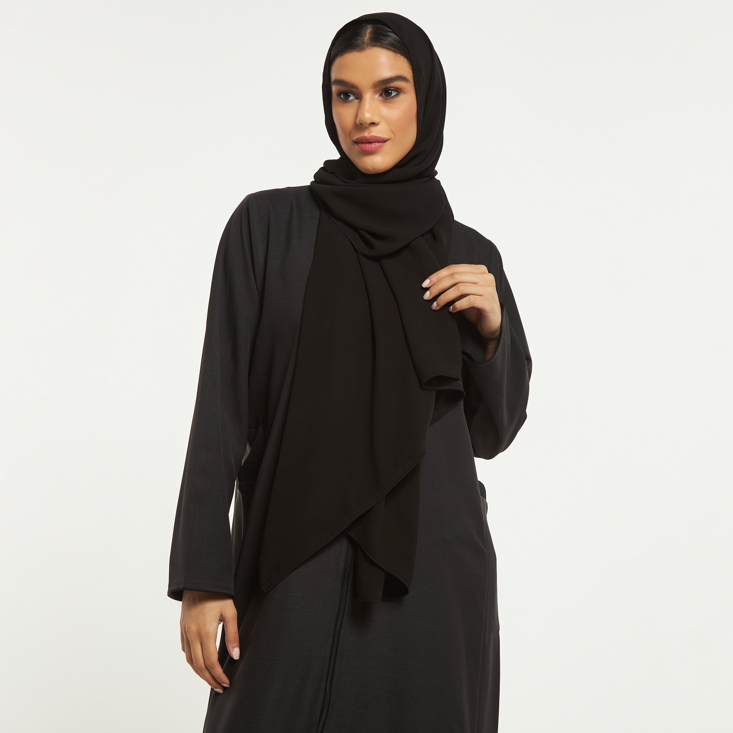 Hadiyath Al Madinah Solid Abaya with Pocket and Hijab-women-arabicclothing-abayas-image-2