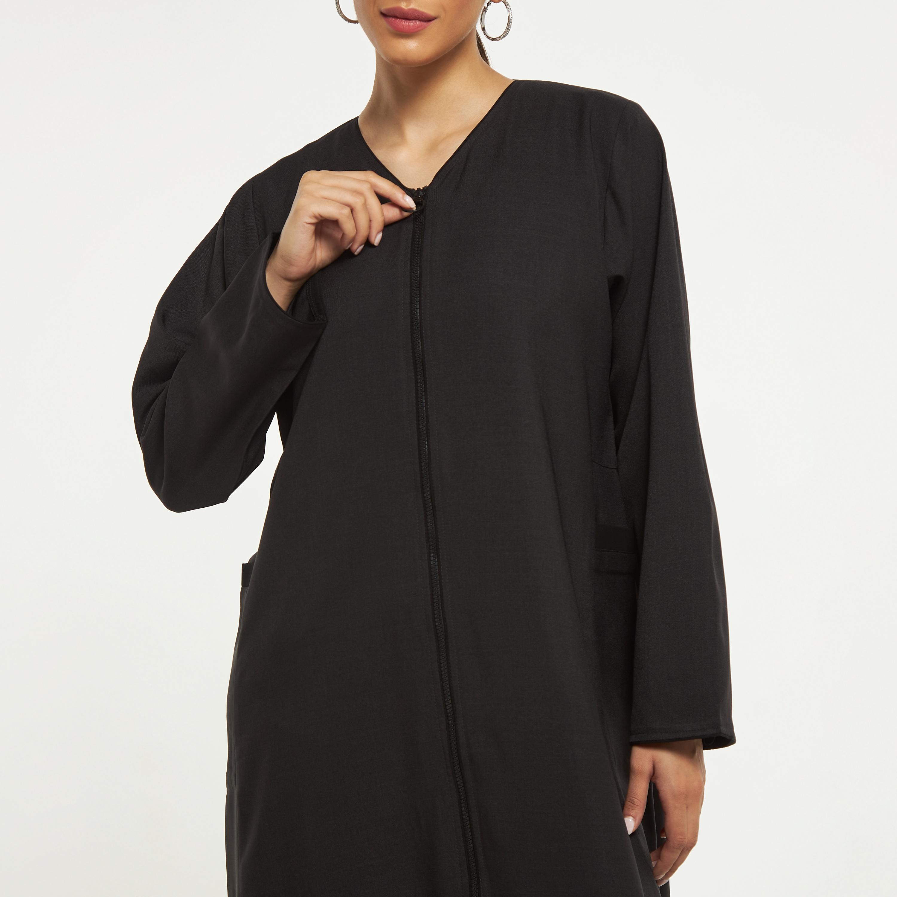 Hadiyath Al Madinah Solid Abaya with Pocket and Hijab-women-arabicclothing-abayas-image-3