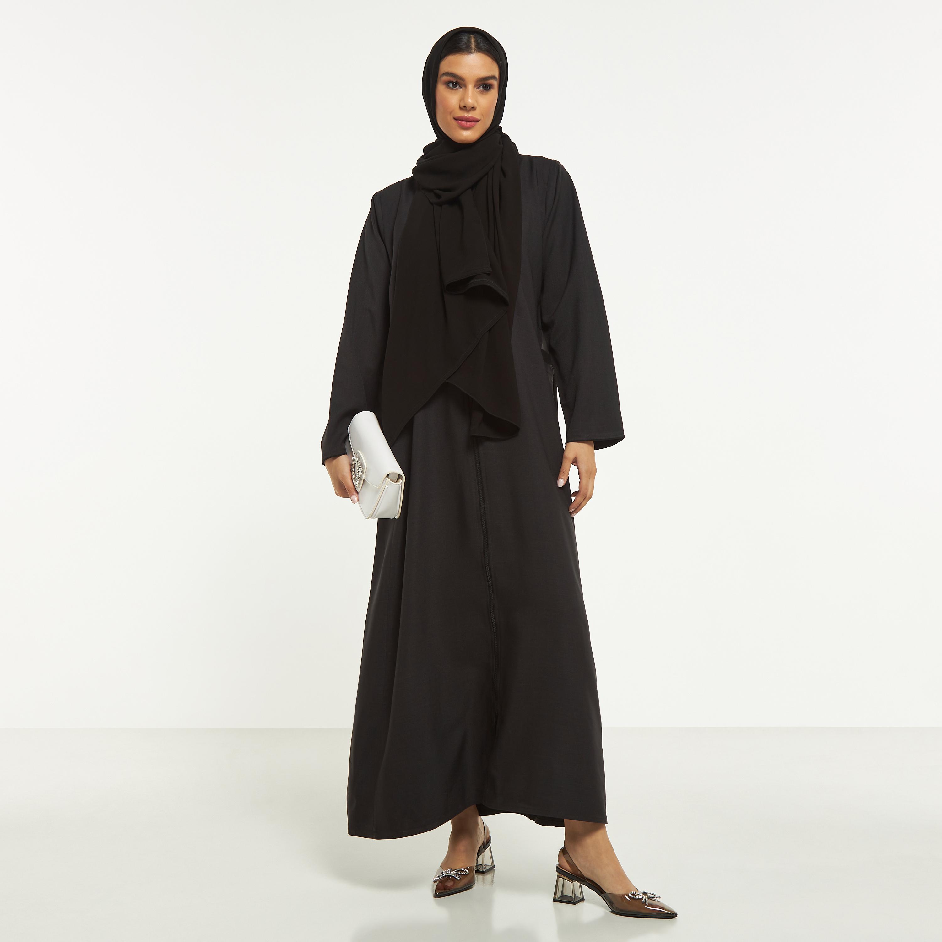 Hadiyath Al Madinah Solid Abaya with Pocket and Hijab-women-arabicclothing-abayas-image-4