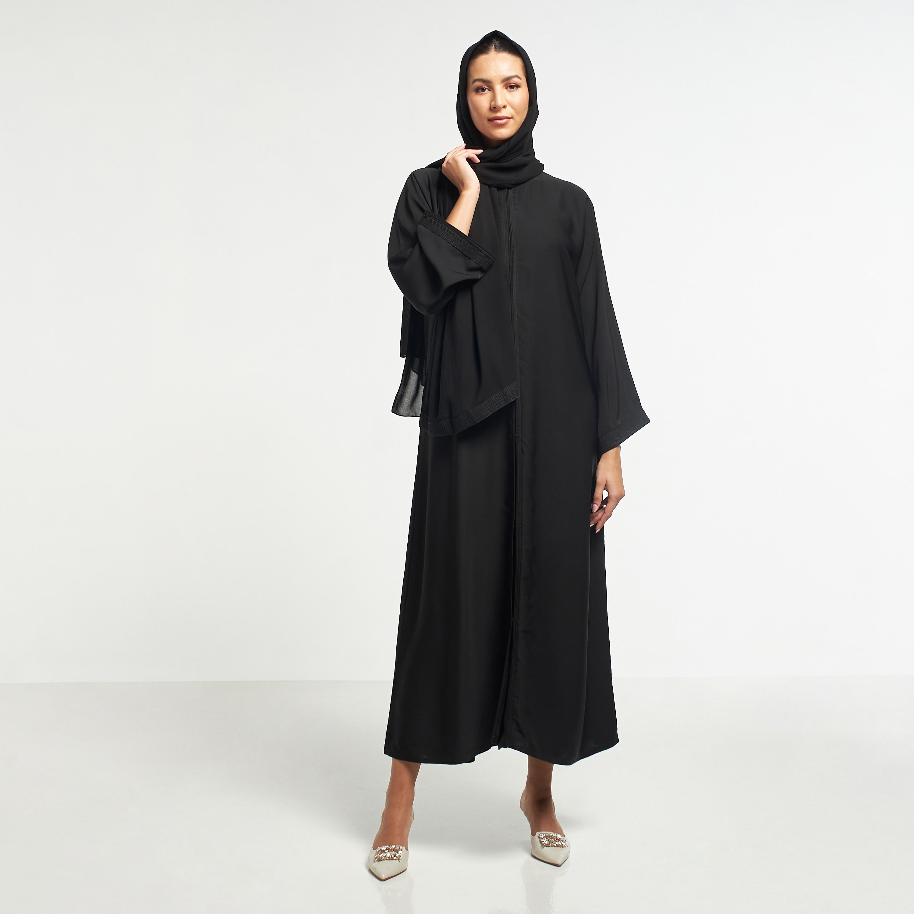 Hadiyath Al Madinah Embellished V-neck Abaya with Hijab-women-arabicclothing-abayas-image-4