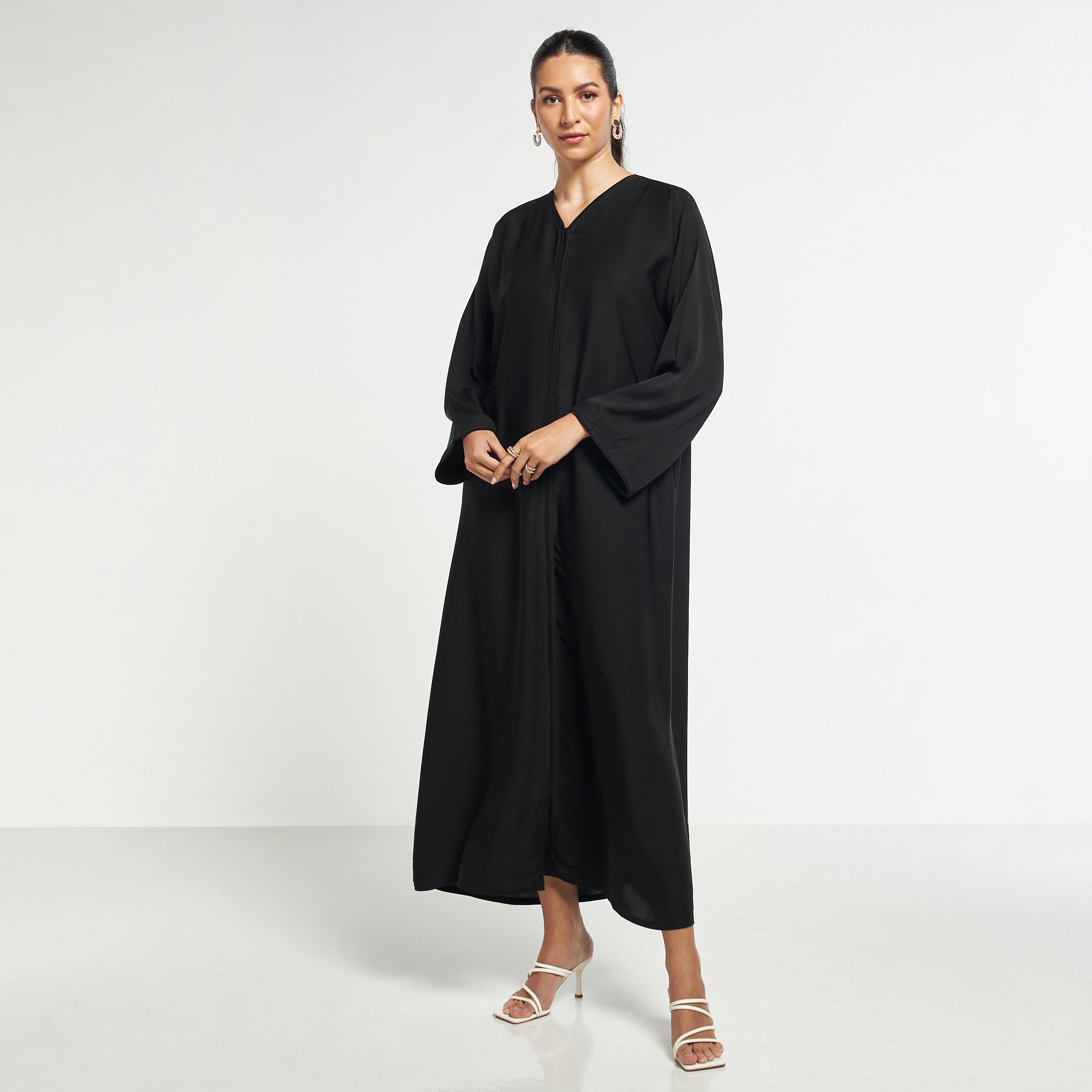 Hadiyath Al Madinah Embellished V-neck Abaya with Hijab-women-arabicclothing-abayas-image-1