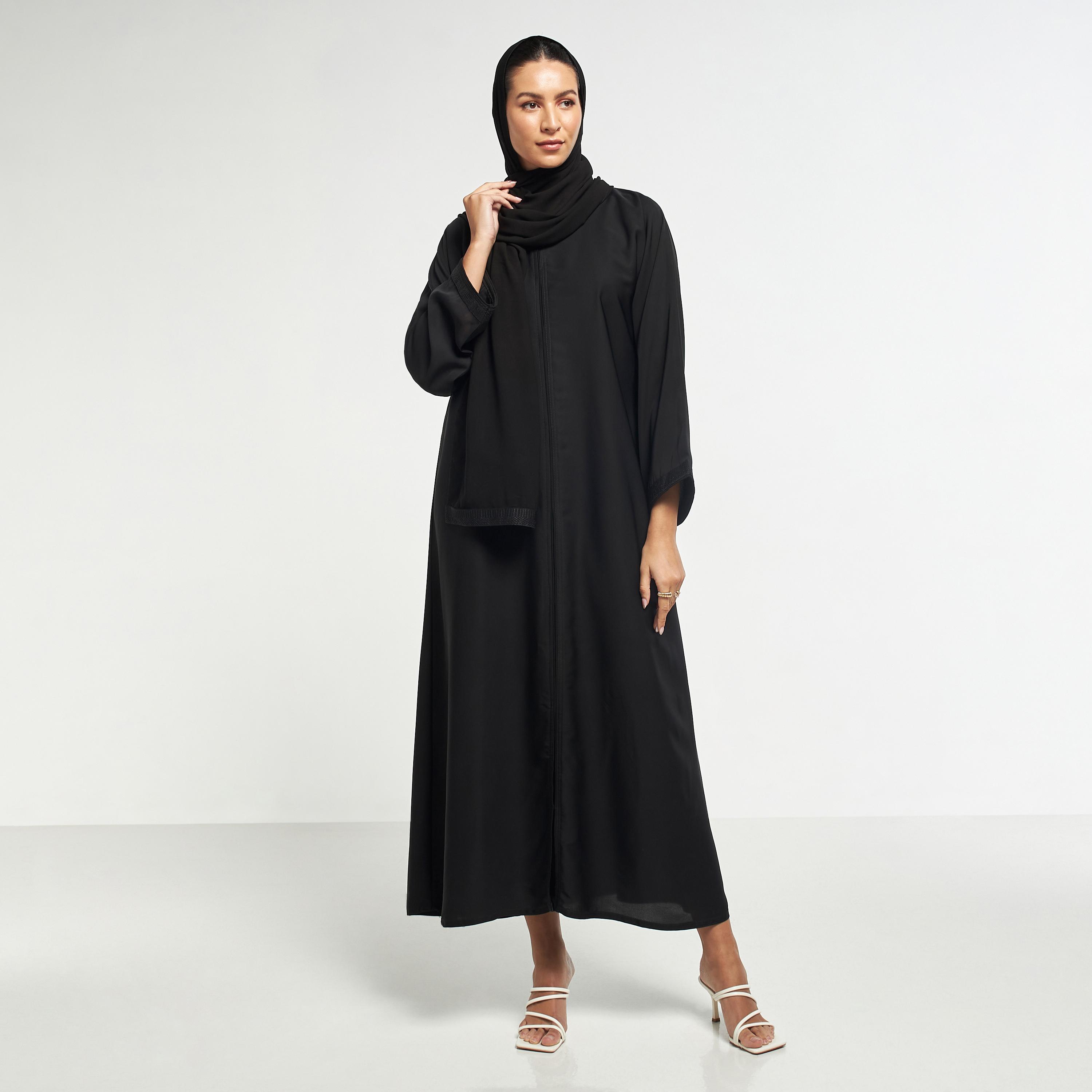 Hadiyath Al Madinah Embellished V-neck Abaya with Hijab-women-arabicclothing-abayas-image-4