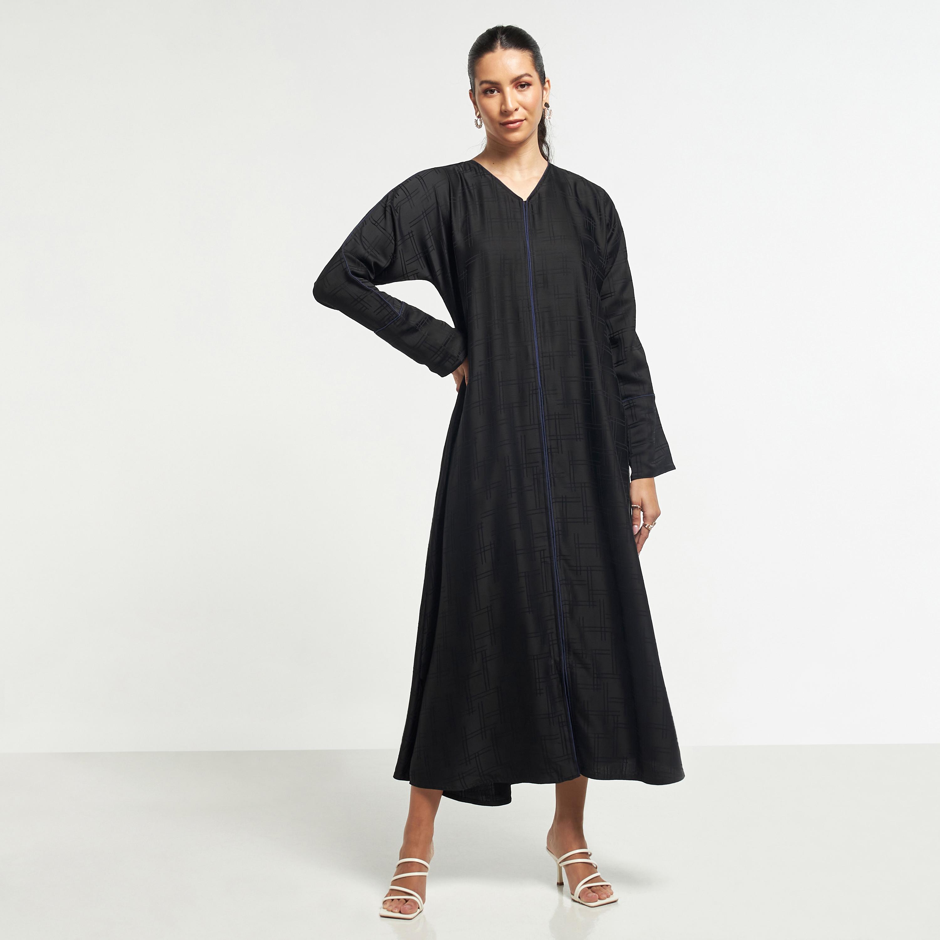Hadiyath Al Madinah Textured V-neck Abaya with Hijab-women-arabicclothing-abayas-image-1